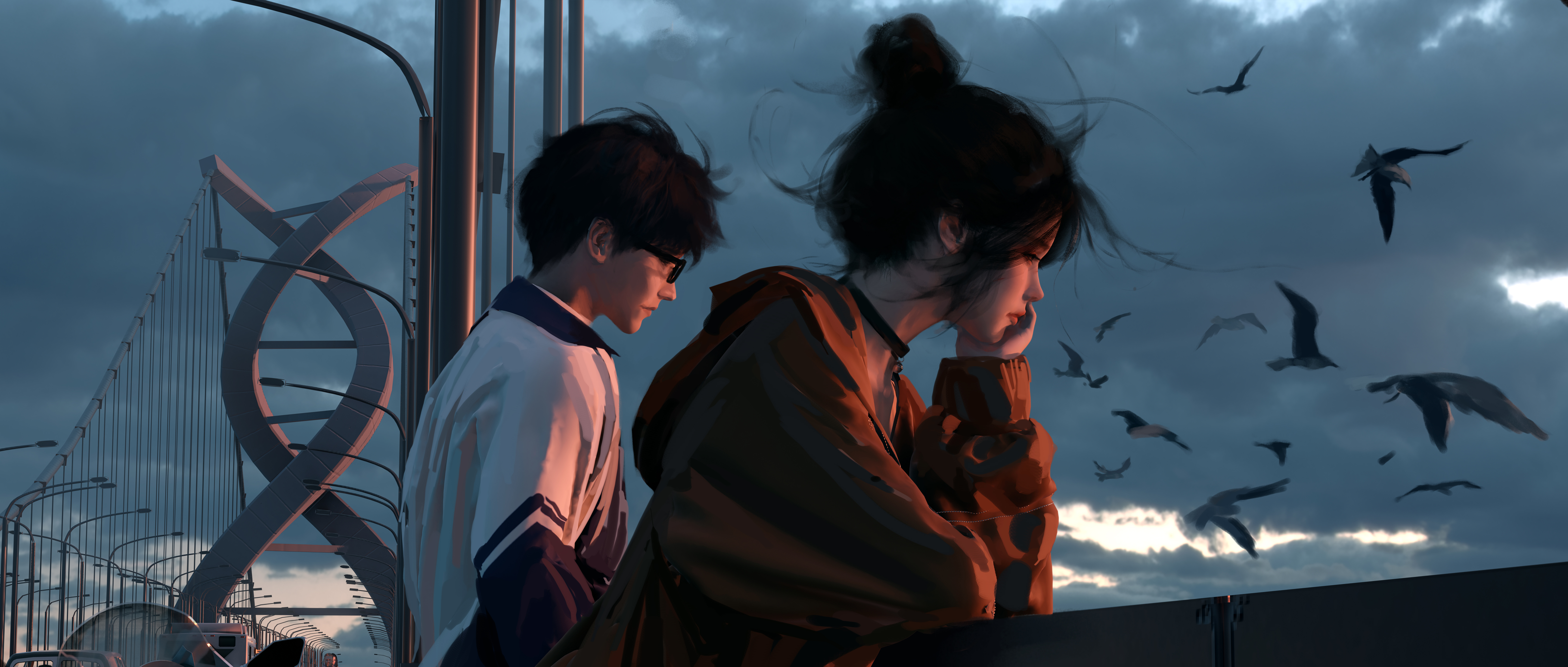 热门女人 发髻 户外 男人 插图 天空 高清壁纸 8500×3617