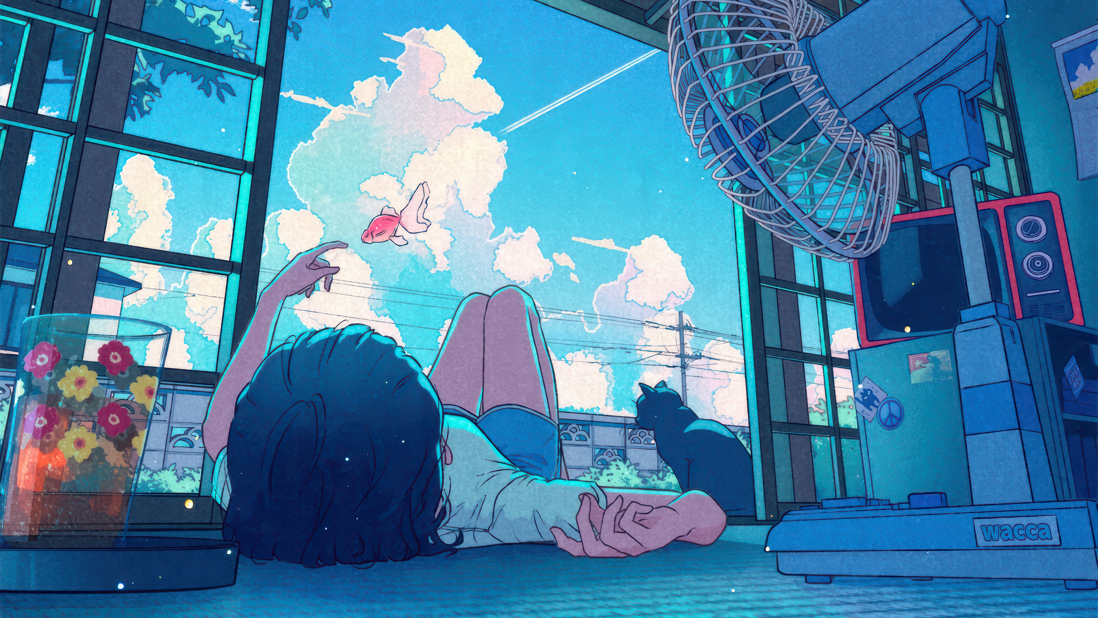 绝美动画 漫画 夏天 云 天空 蝴蝶 动漫 女孩 猫 电视 鱼 花 蓝色 插图 灯 4K壁纸 3840×2160