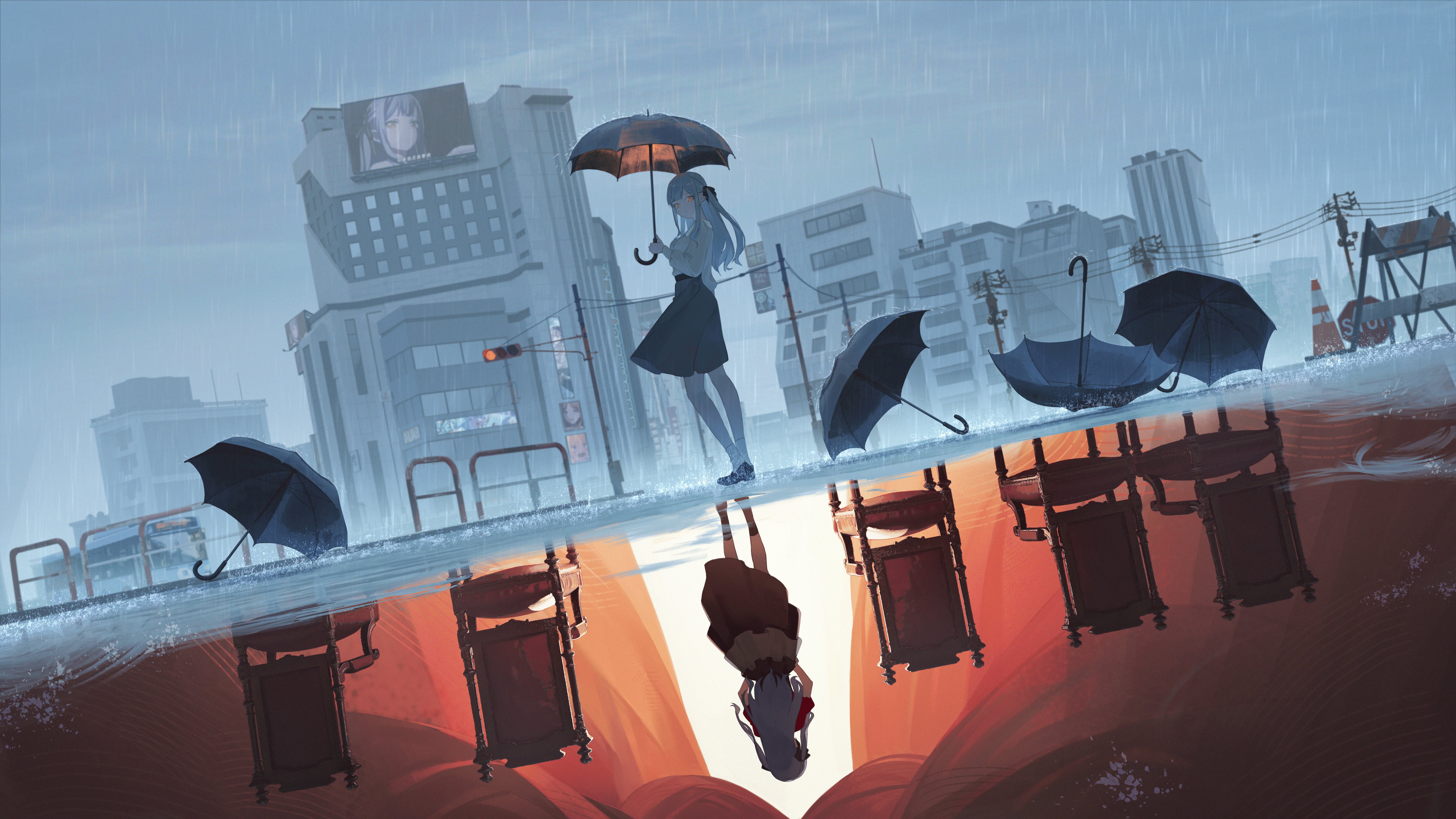 高清蓝发 长发 伞 镜子 城市 雨 红绿灯 壁纸 5613×3157