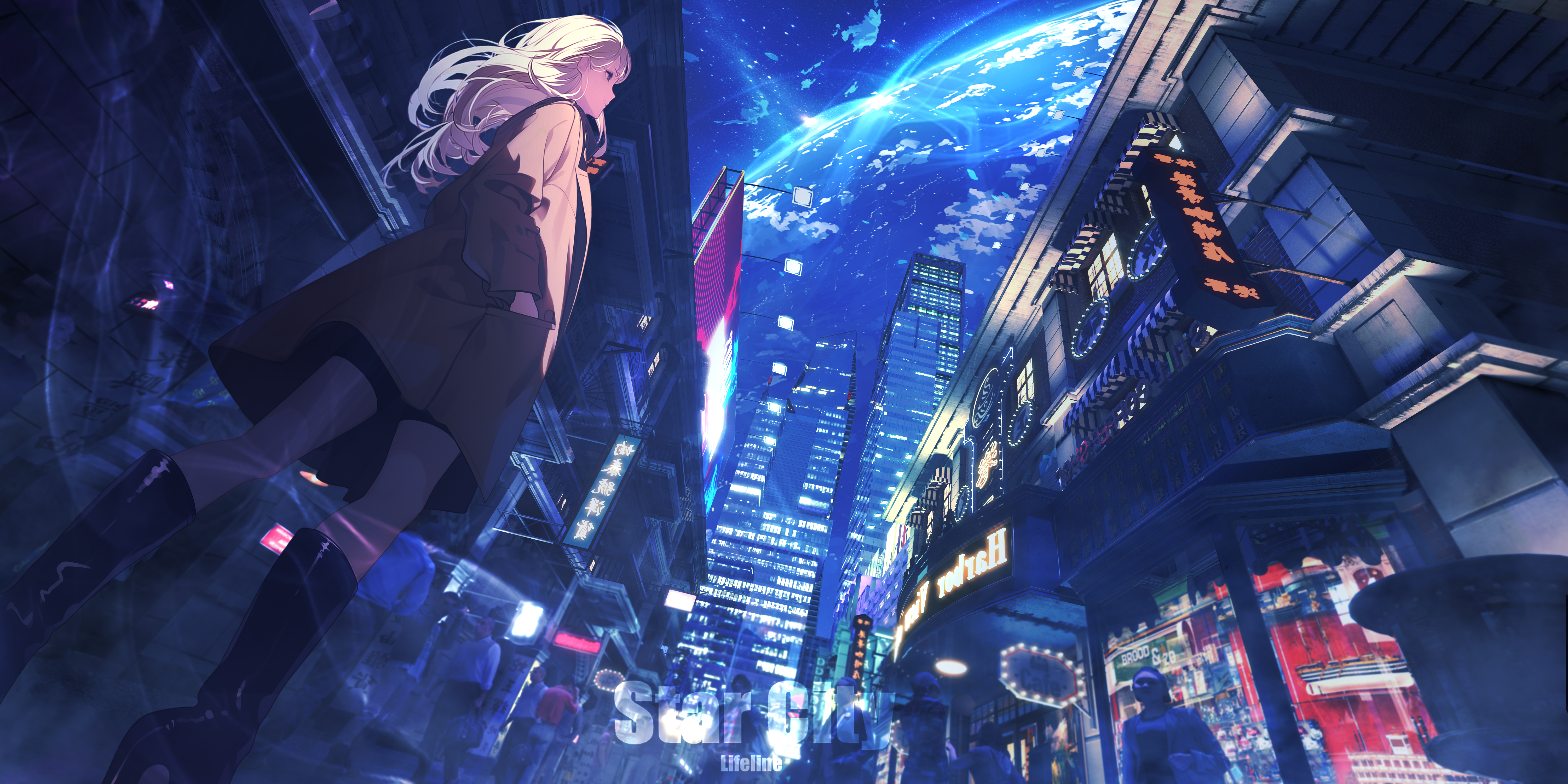 精选生命线 原创 角色 站立 户外 女性 长发 金发 动漫 城市 夜晚 天空 女孩 建筑 高跟鞋 灯光 高清壁纸 6000×3000