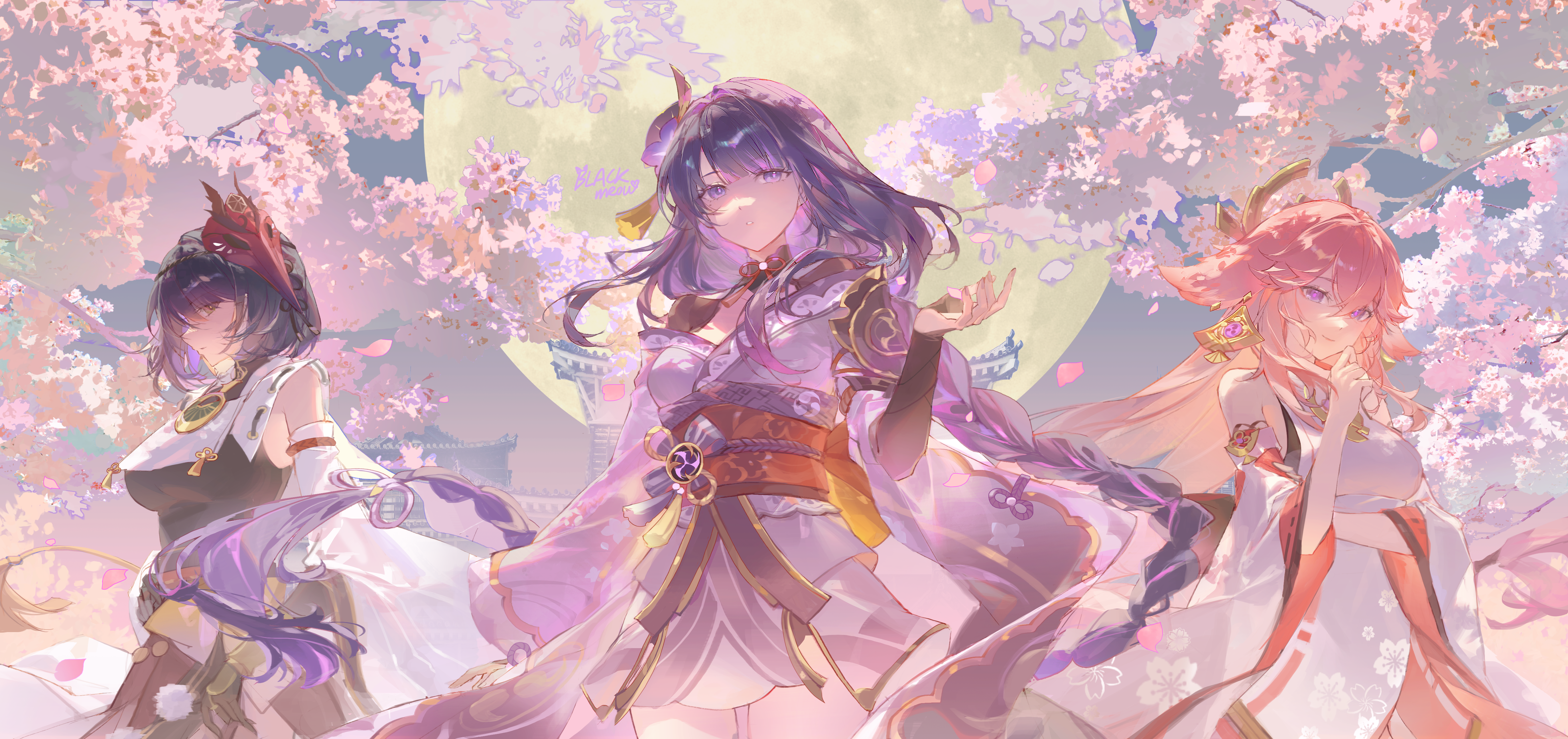 高清女性 长发 户外 满月 动漫 女孩 樱花 九条萨拉 头饰 花朵 花瓣 紫色 眼睛 春天 夜晚 无水印壁纸 5500×2592