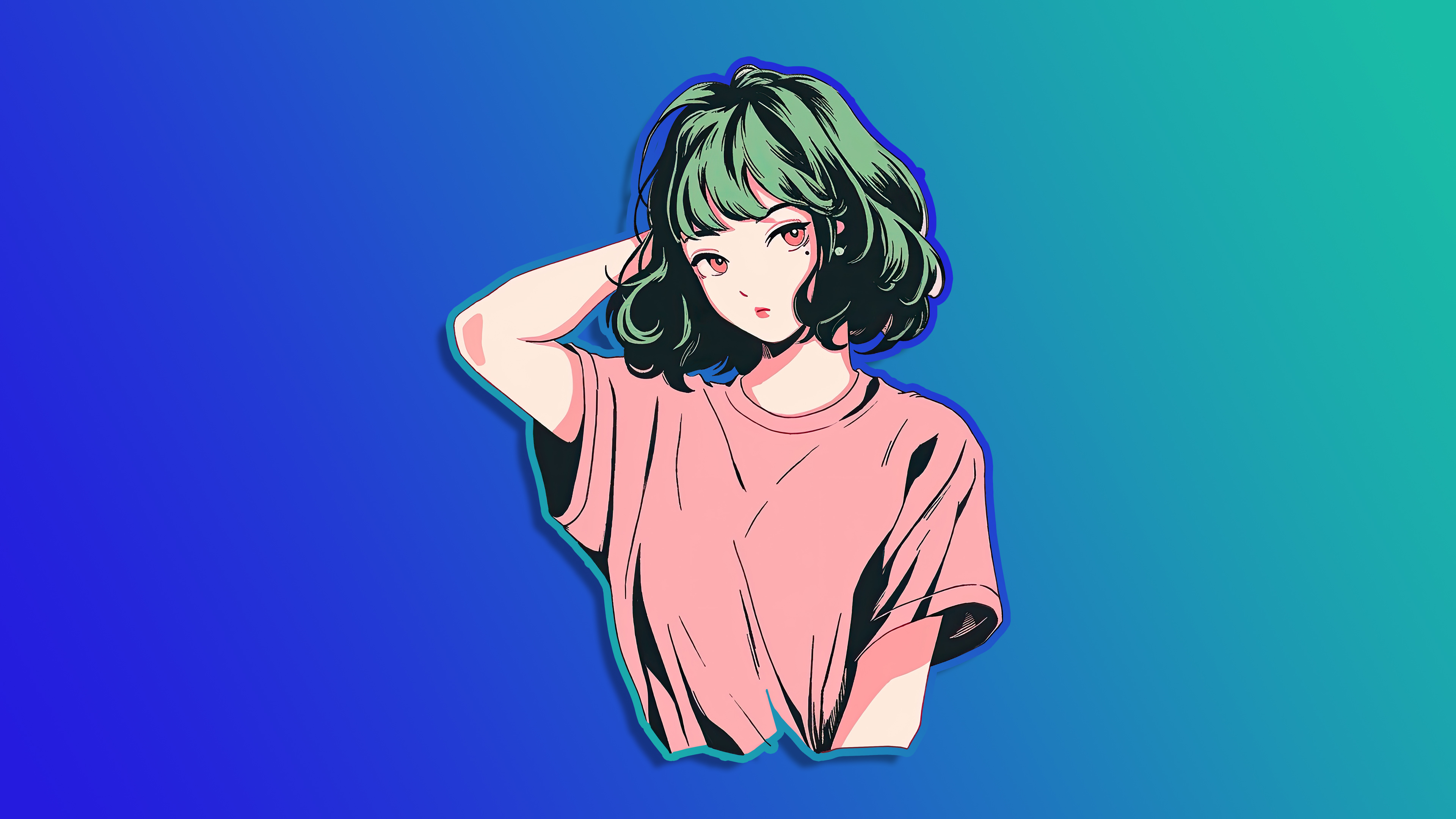 绿头发 动漫 女孩 渐变 蓝色背景 放大 桌面壁纸 3840×2160
