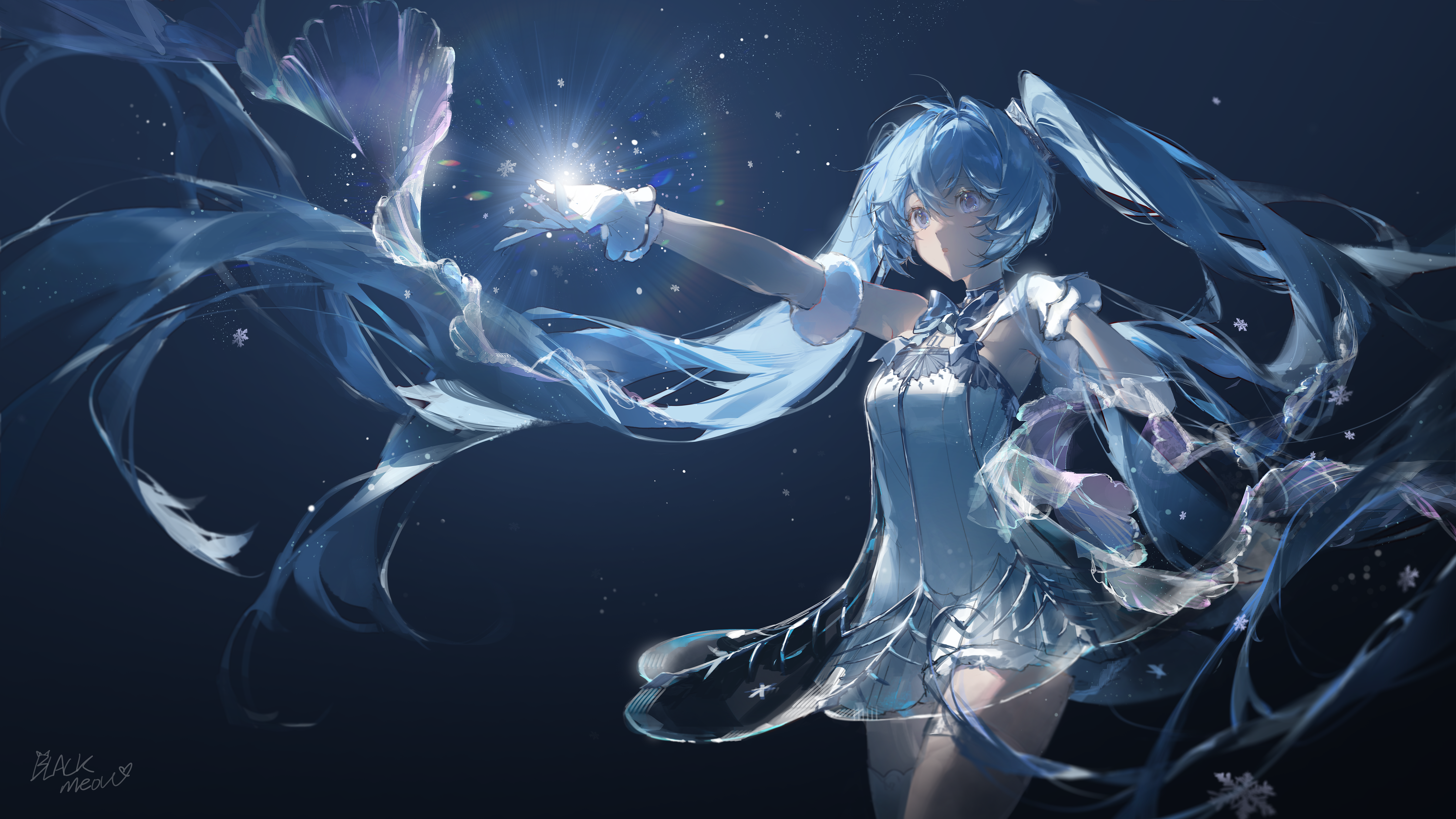 蓝眼睛 长发 蓝头发 站立 初音未来 动漫 女孩 透视 简单背景 连衣裙 宽屏 手套 发光 雪花 双胞胎 4K高清壁纸 4800×2700