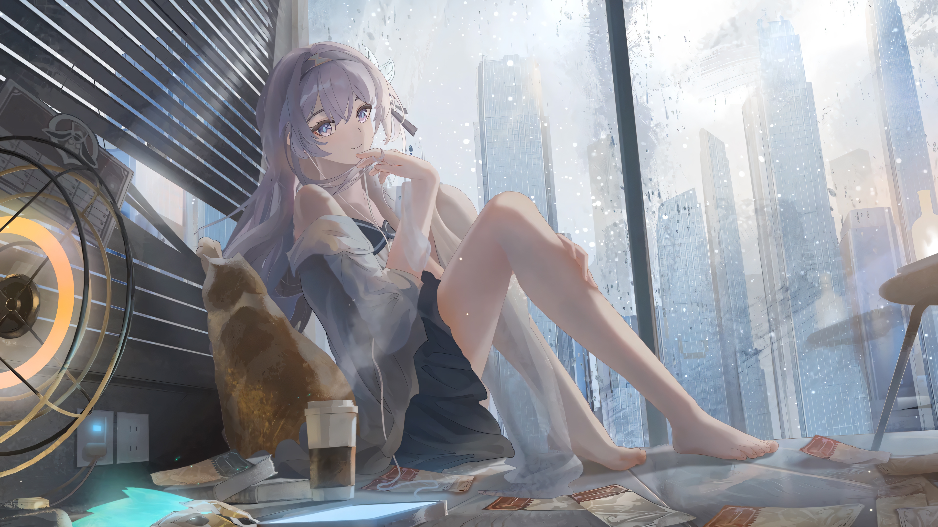 唯美少女 休闲 玻璃 窗 女孩 坐着 咖啡 暖炉 无水印壁纸 3840×2160