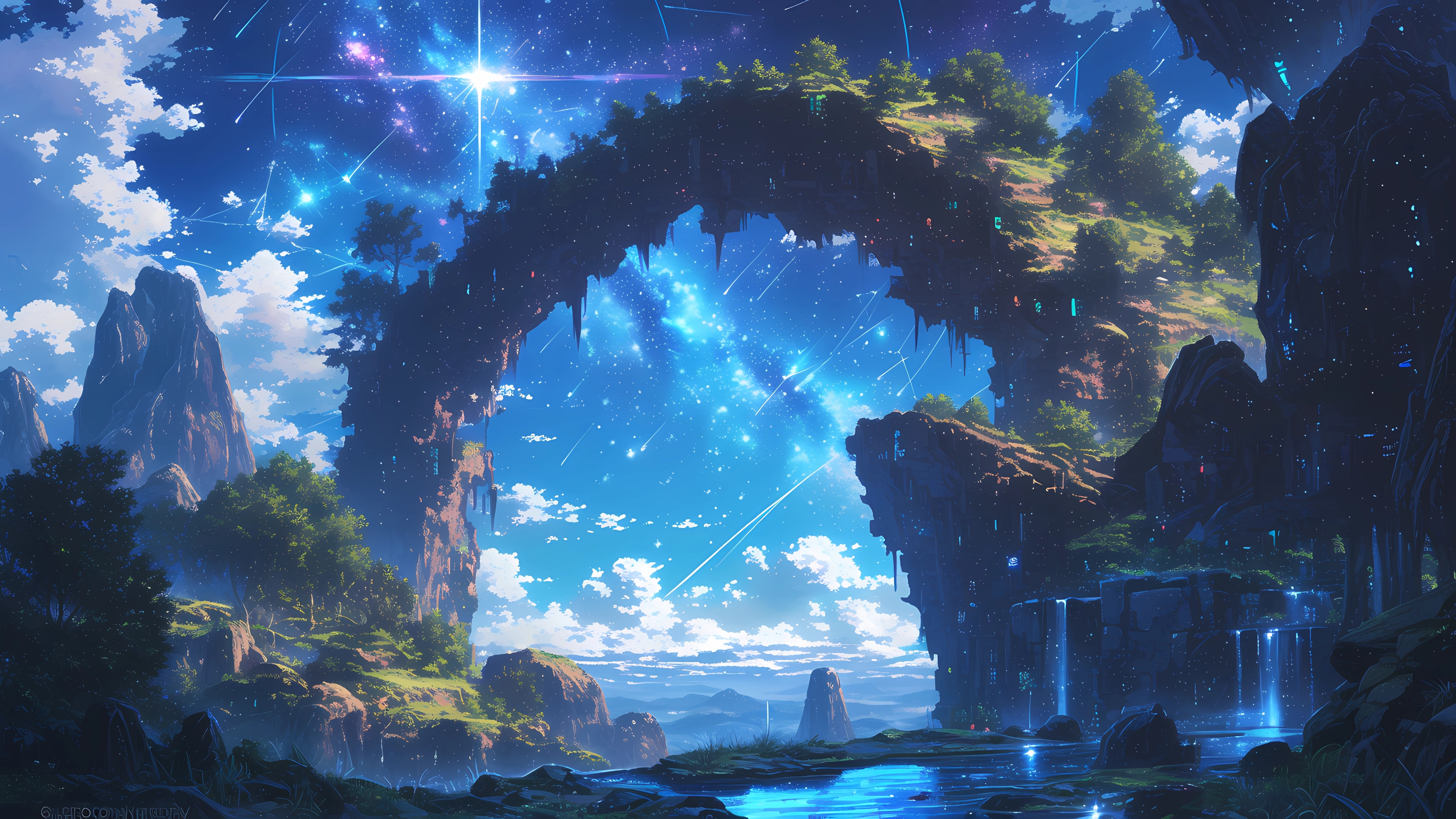 山桥 唯美 梦幻 星空 4K 风景流星 云海 4K高清壁纸 3840×2160