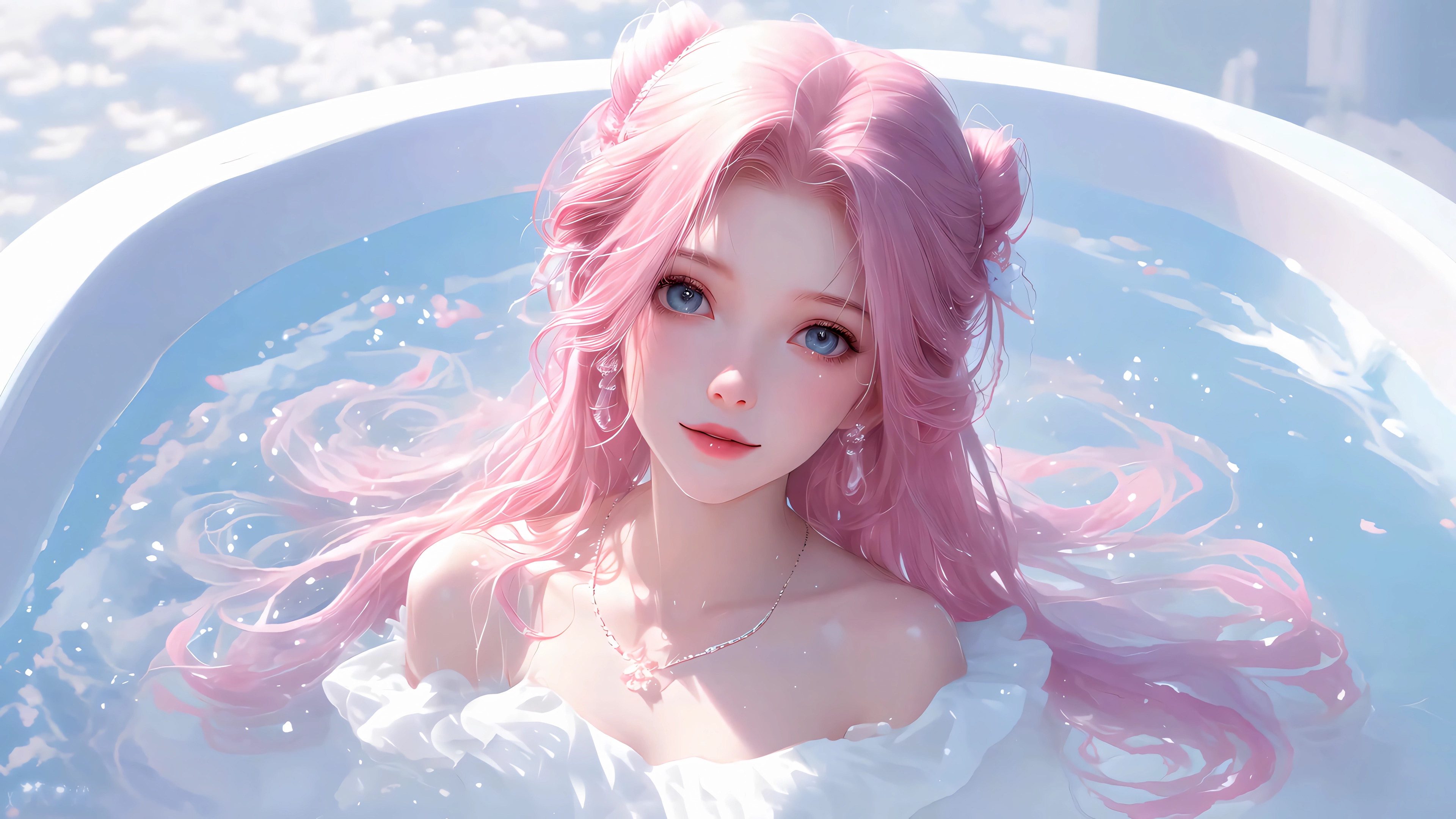 粉发 沐浴 少女 女孩 美女 4K贴纸 4K高清壁纸 3840×2160