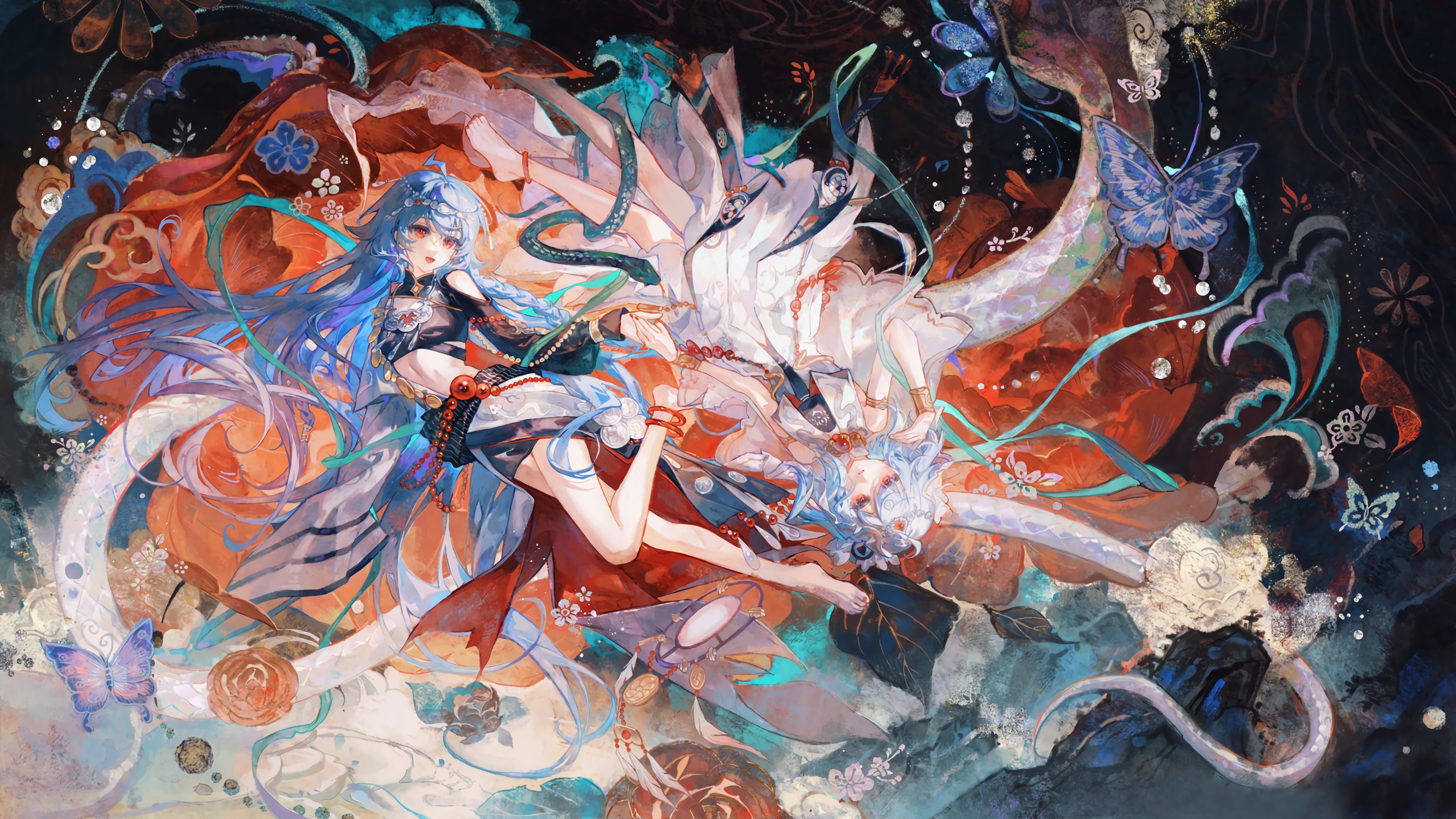 动漫 女孩 花 蝴蝶 新年 春节 绘画 壁纸 3840×2160