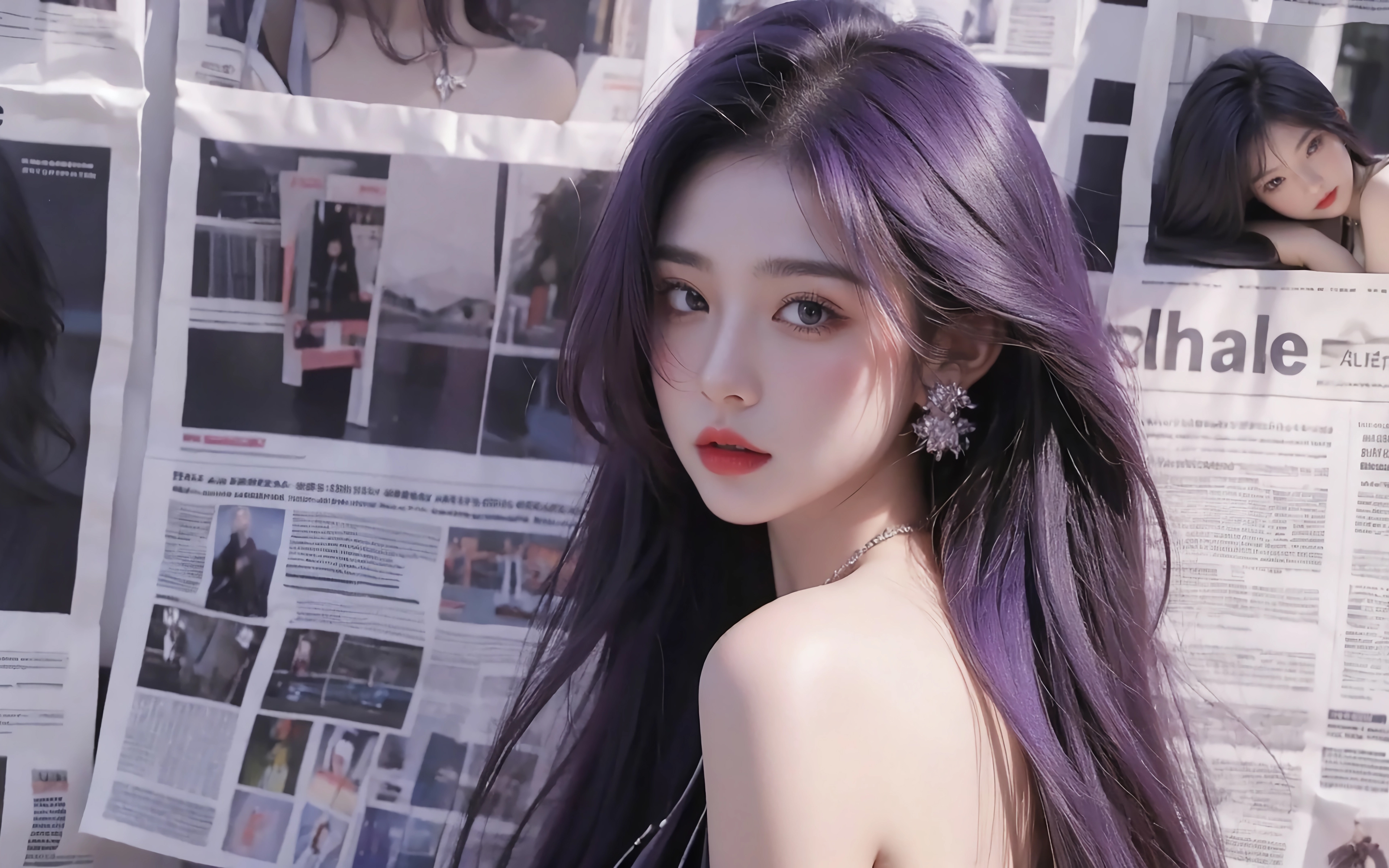 精选报纸墙 美女 回眸 一笑 回头 4K 无水印壁纸 3840×2400