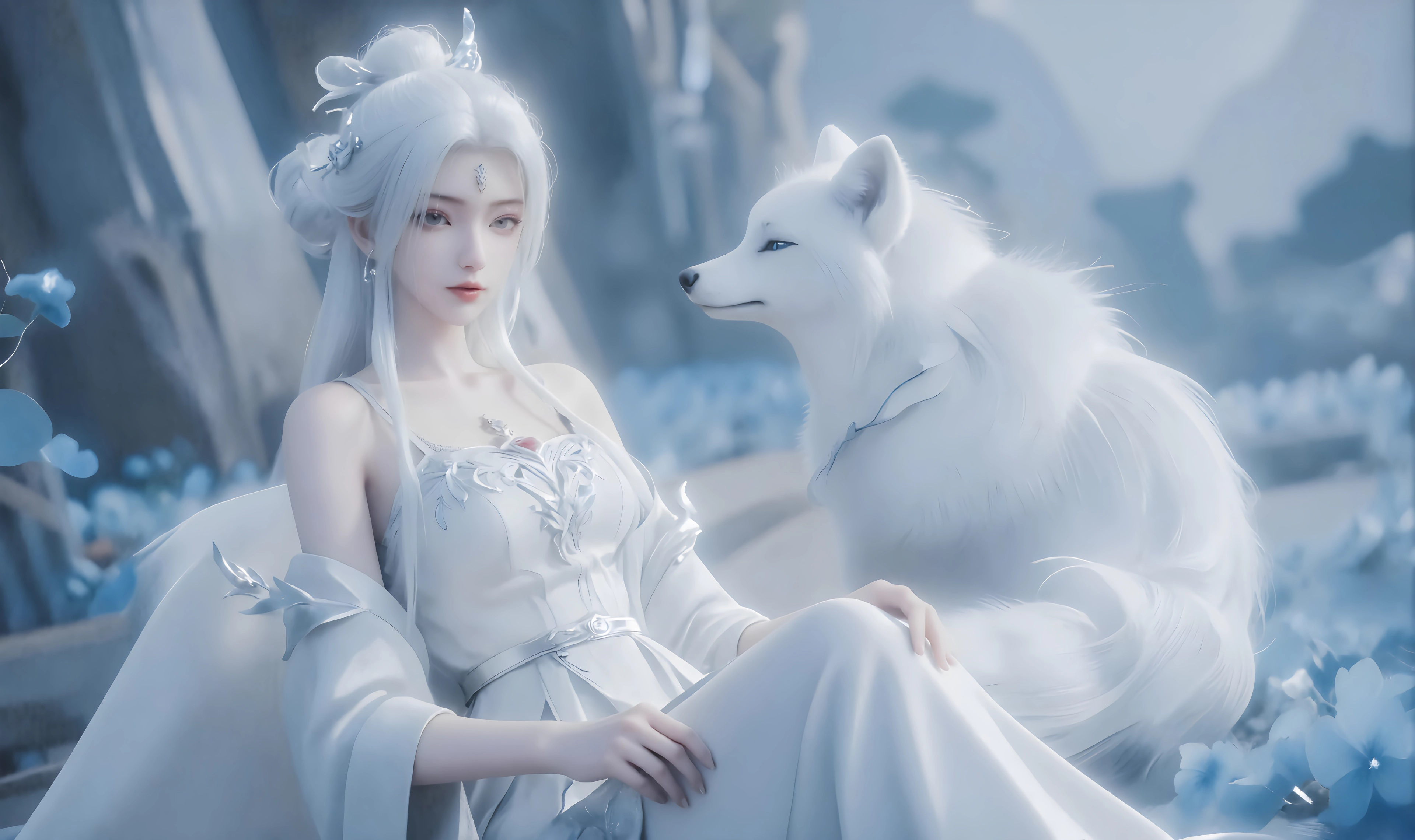 绝美白发 美女 白狐 唯美 古风 玄幻 幻想 壁纸 3840×2280