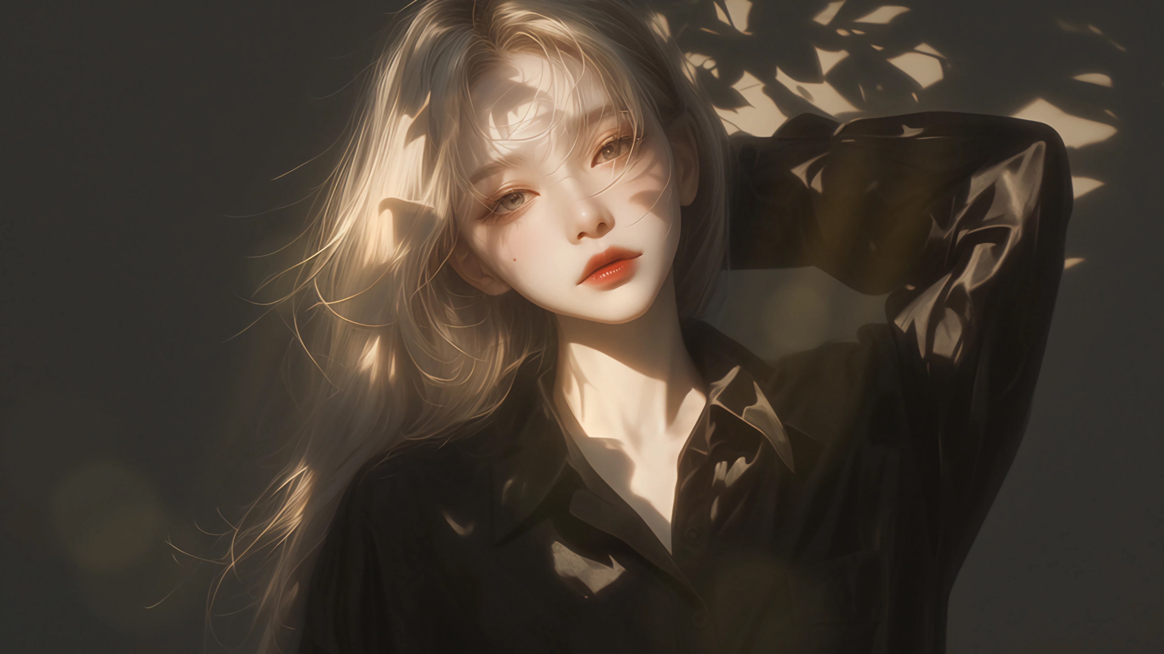 暗色系 动漫 少女 长发 黑色衣服 光斑 酷 4K壁纸 3840×2160