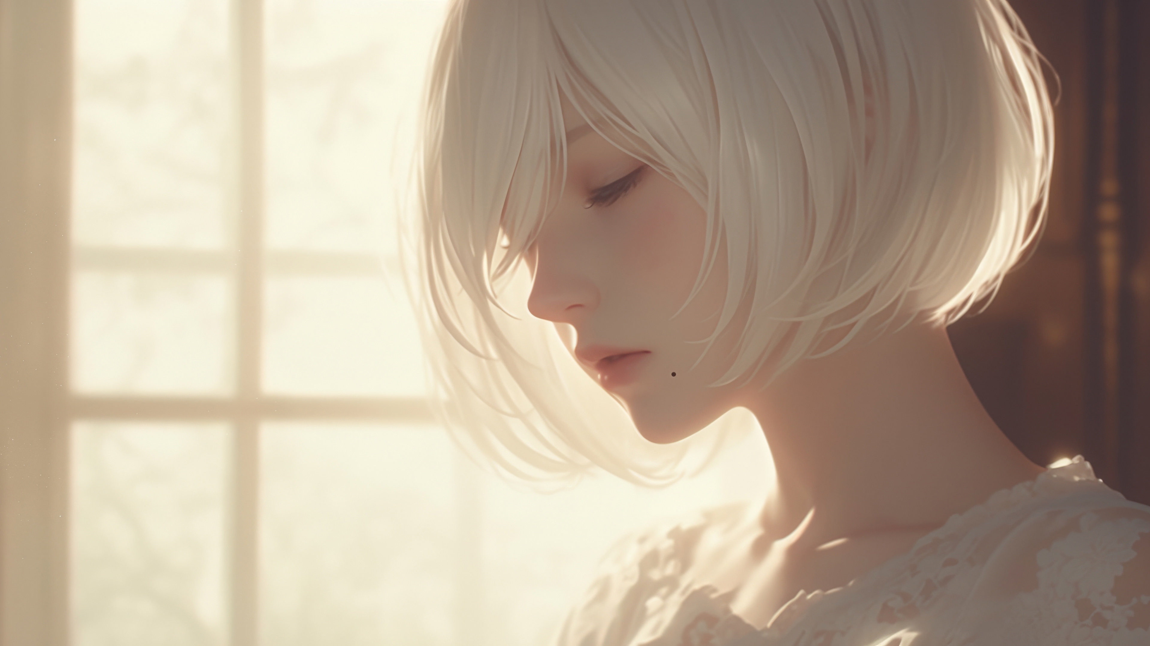 经典2b 闭眼 唯美 短发 波波头痣 动漫 高清壁纸 3840×2160