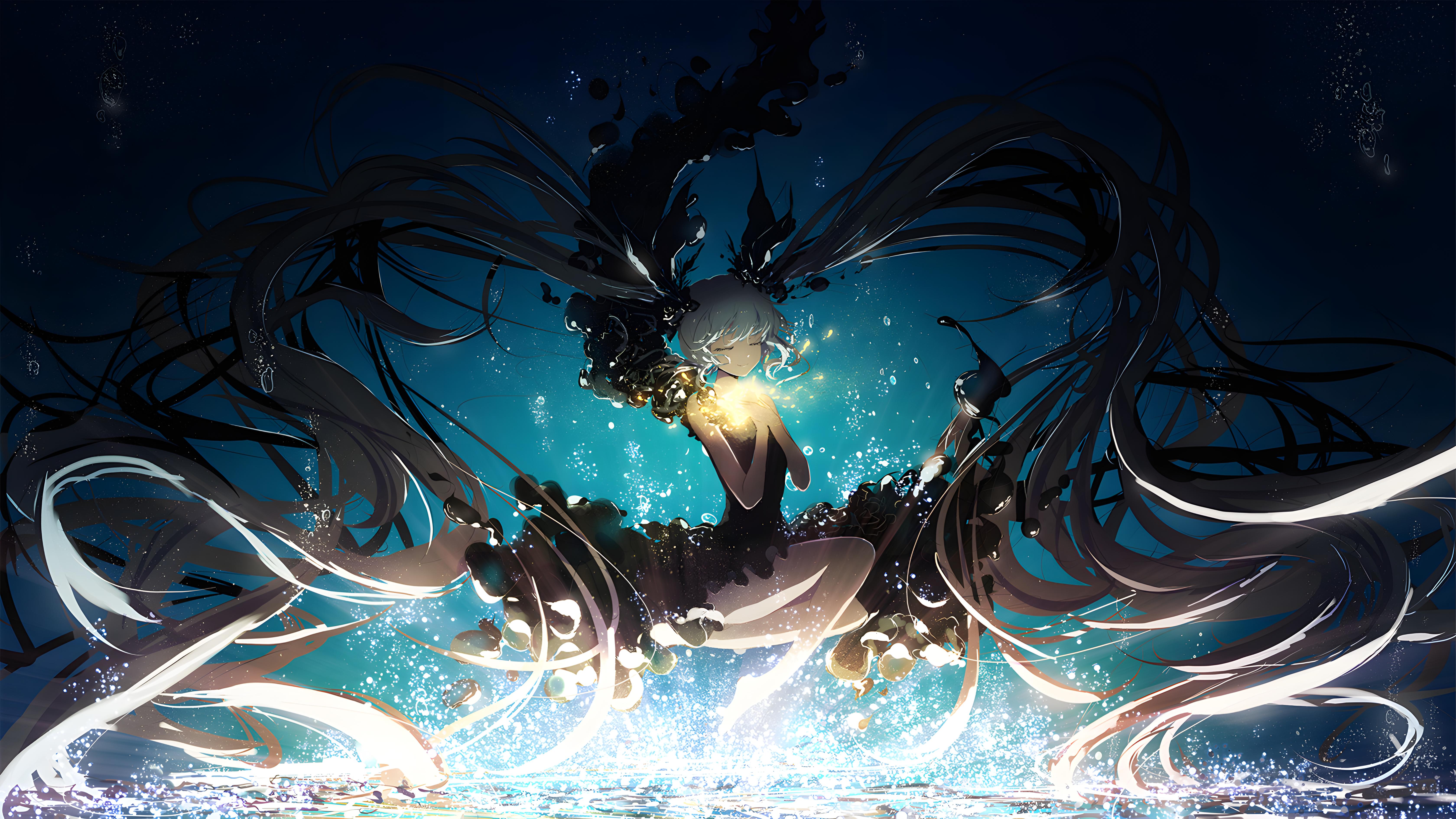 蓝色头发 长发 初音未来 动漫 女孩 水 深海 水下 手机壁纸 6720×3780