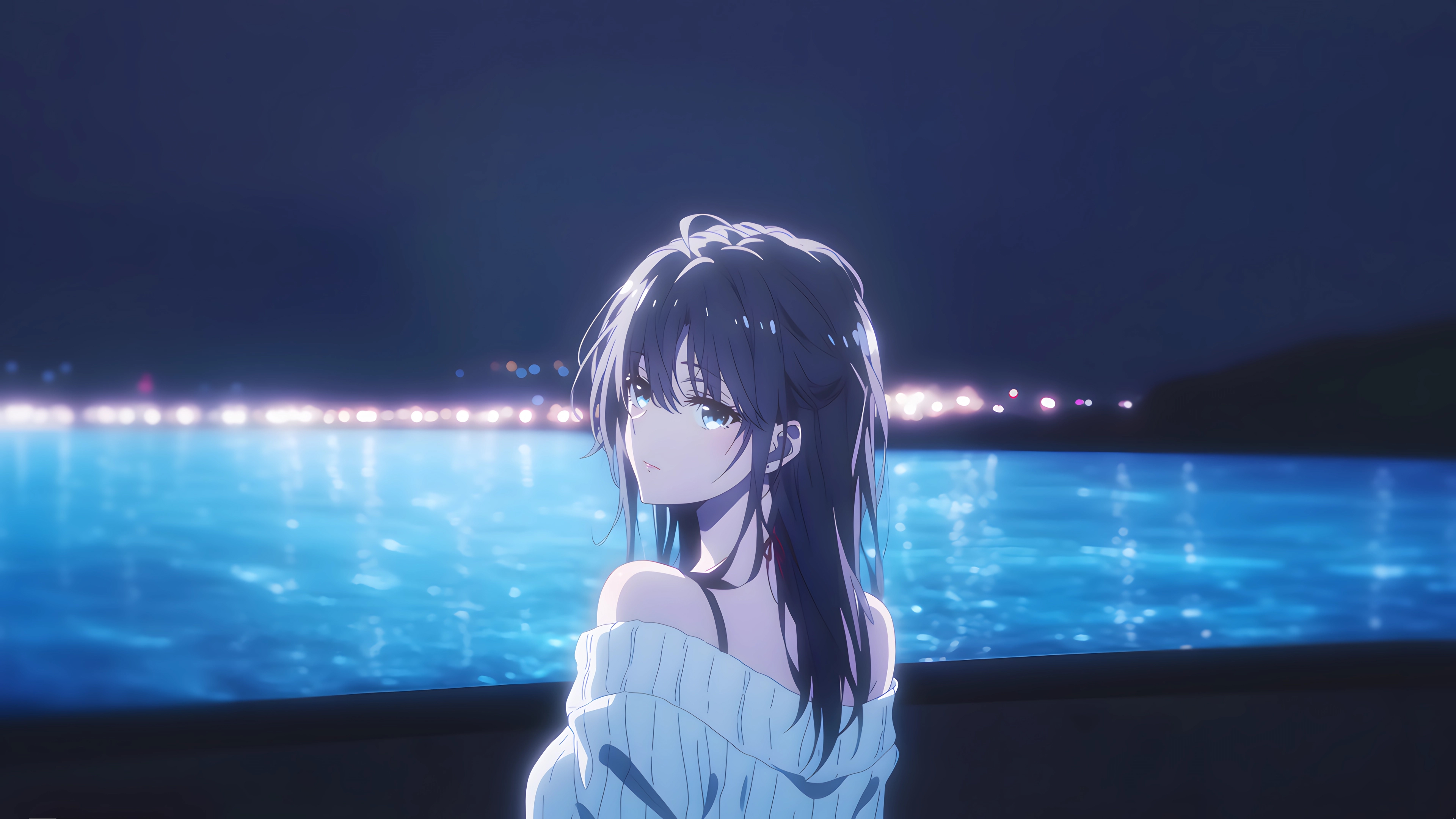 雪 雪乃 回头 海 夜晚 唯美 女孩 少女 美女 壁纸 3840×2160