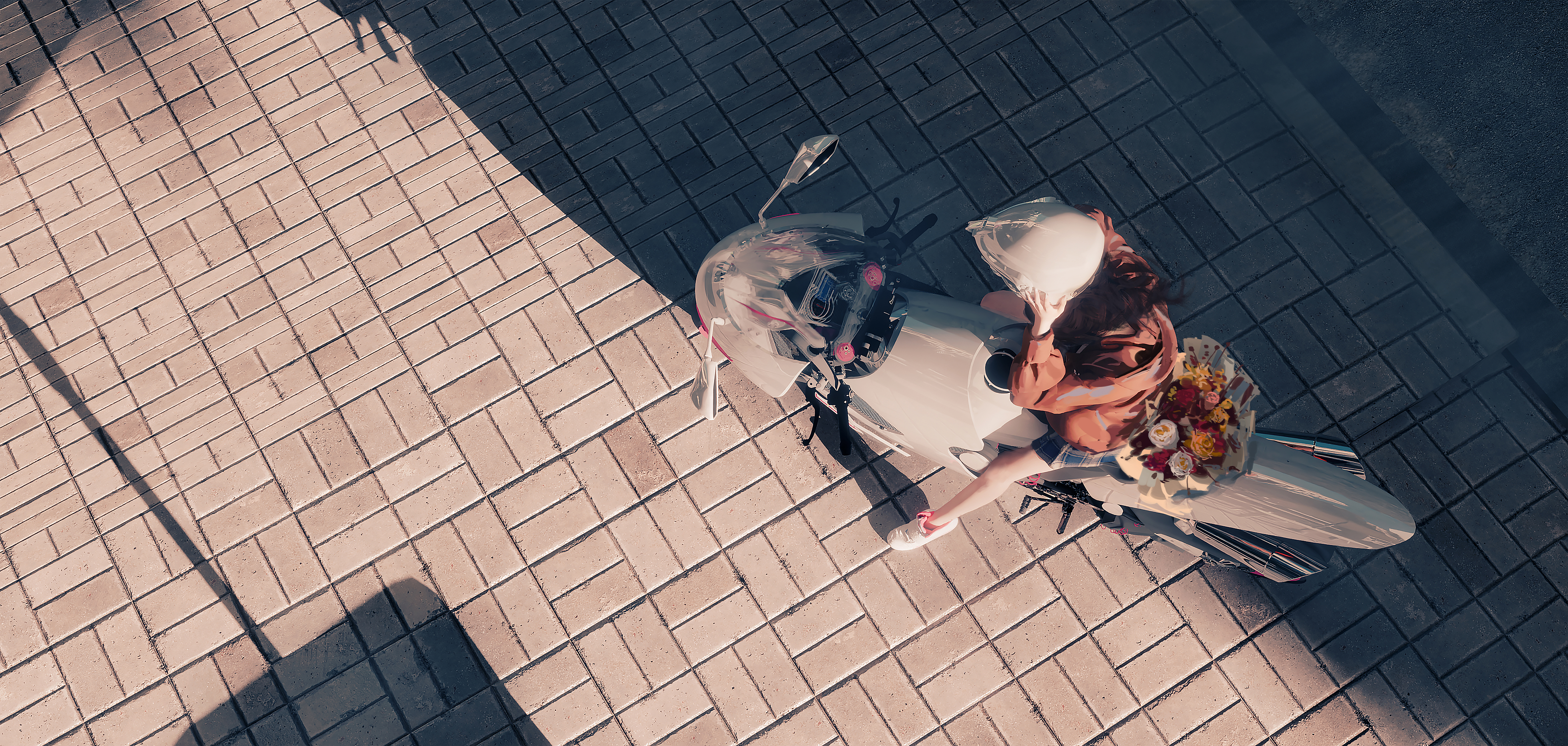 唯美WLOP 女性 摩托车 阳光 日光 鲜花 人行道 头盔 花束 高清壁纸 6050×2880
