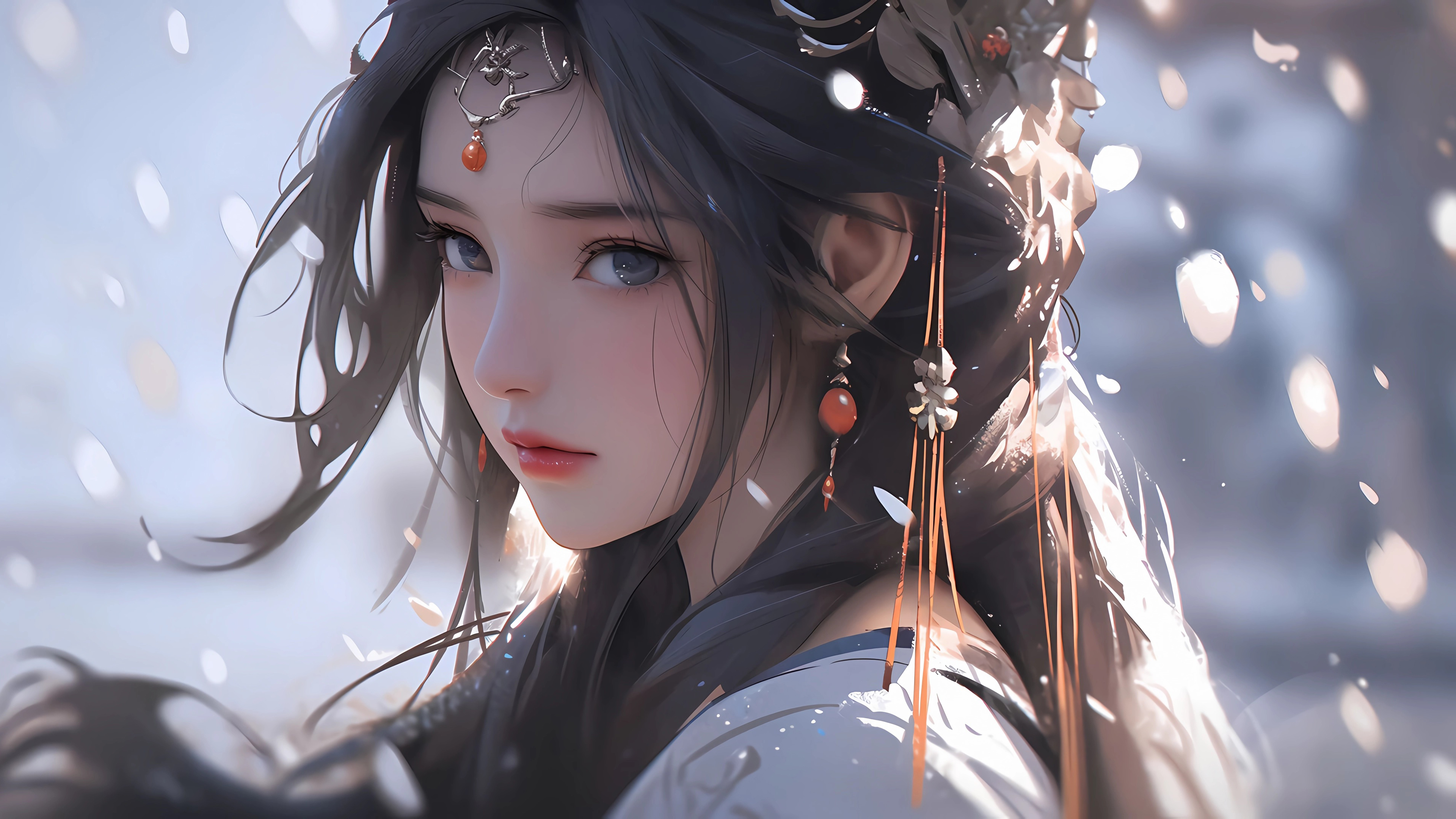 高清漂亮 古风 美女 头饰 回头 凝望 4k 手机壁纸 3840×2160