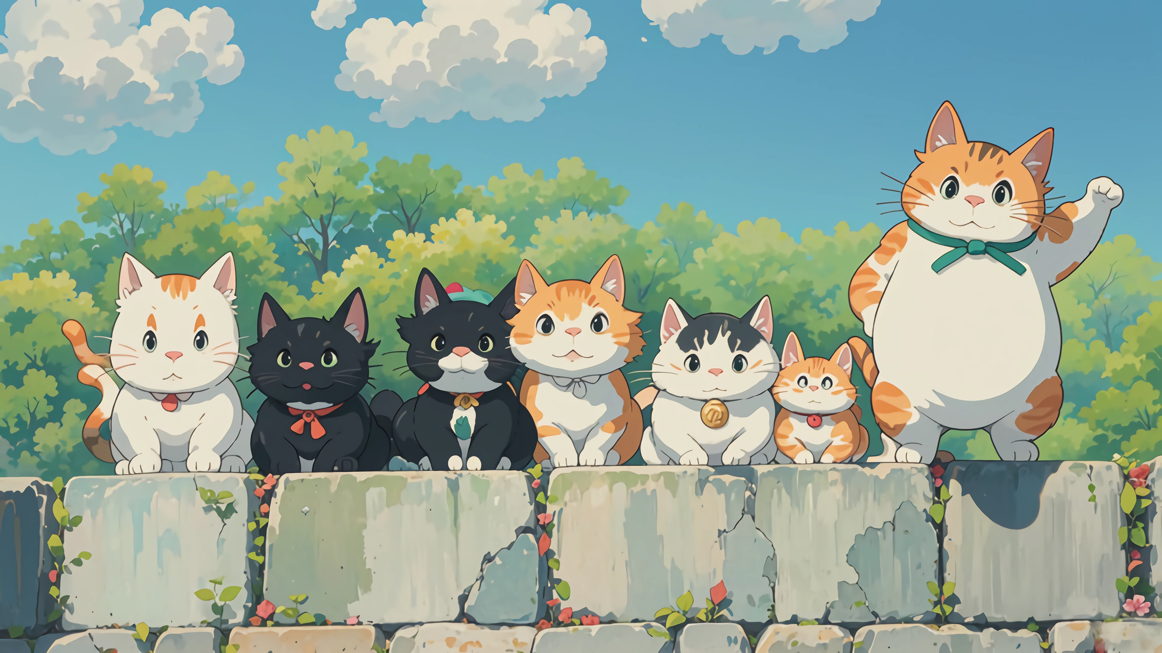 可爱 猫咪排队 云海 围墙 壁纸 3840×2160