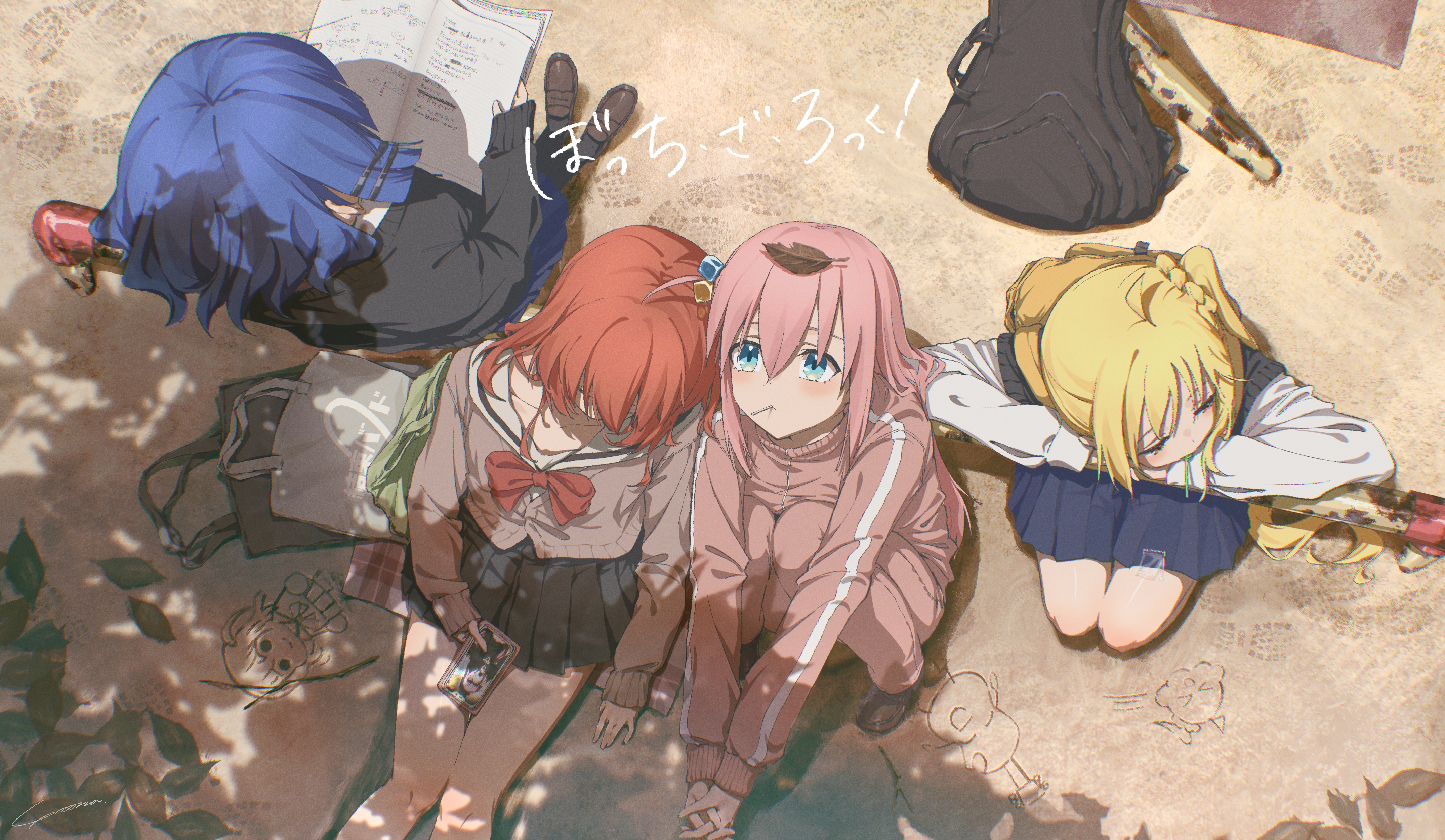 热门动漫 女孩 男孩 校服 毛衣 沙滩 沙子 书包 4K壁纸 4300×2500