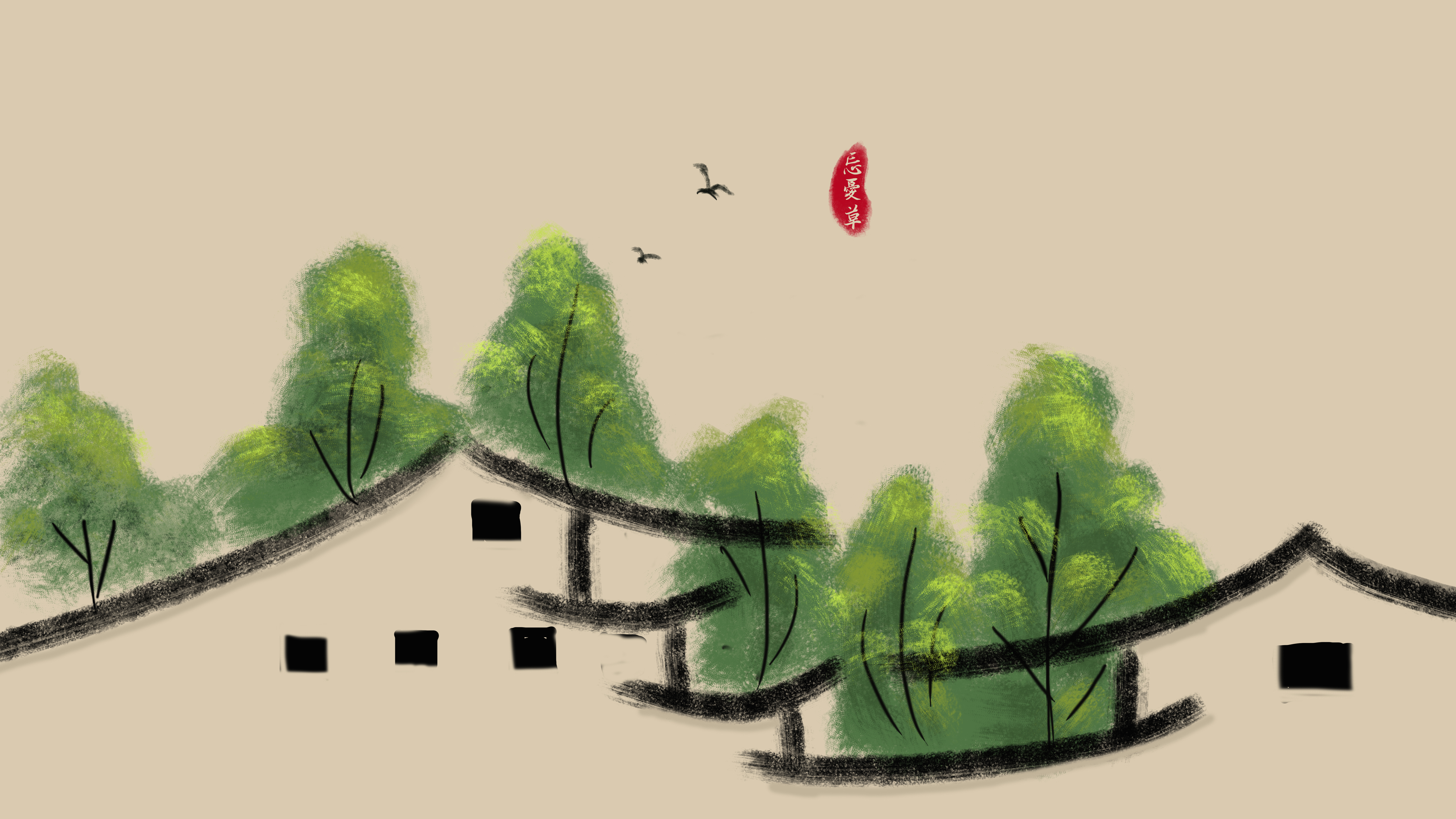 绝美小屋舍 柳树 国风 忘忧草 手绘 5K 风景 桌面 壁纸 5120×2880