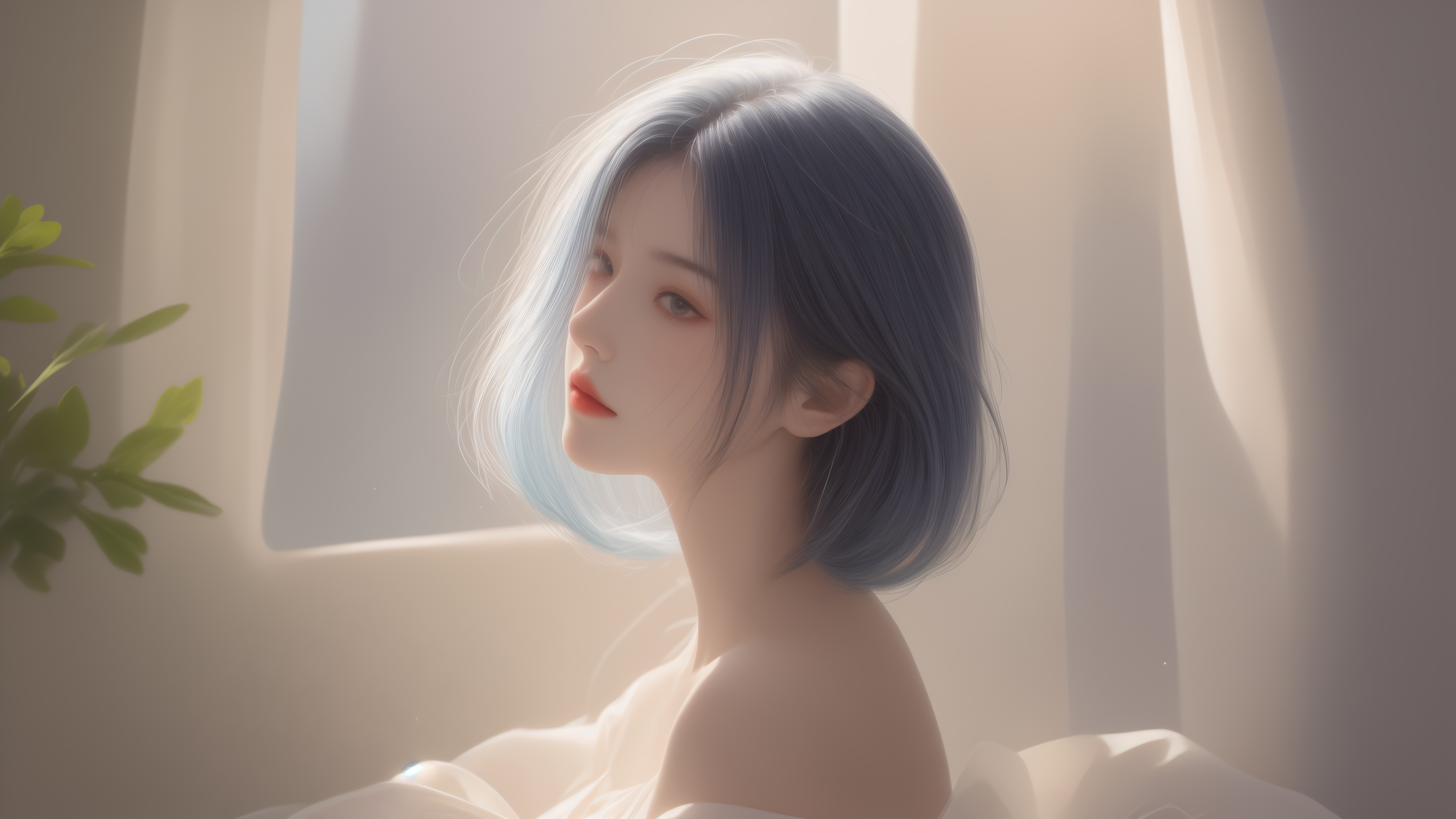 唯美 短发 女孩 绿色植物 屋内 壁纸 3840×2160