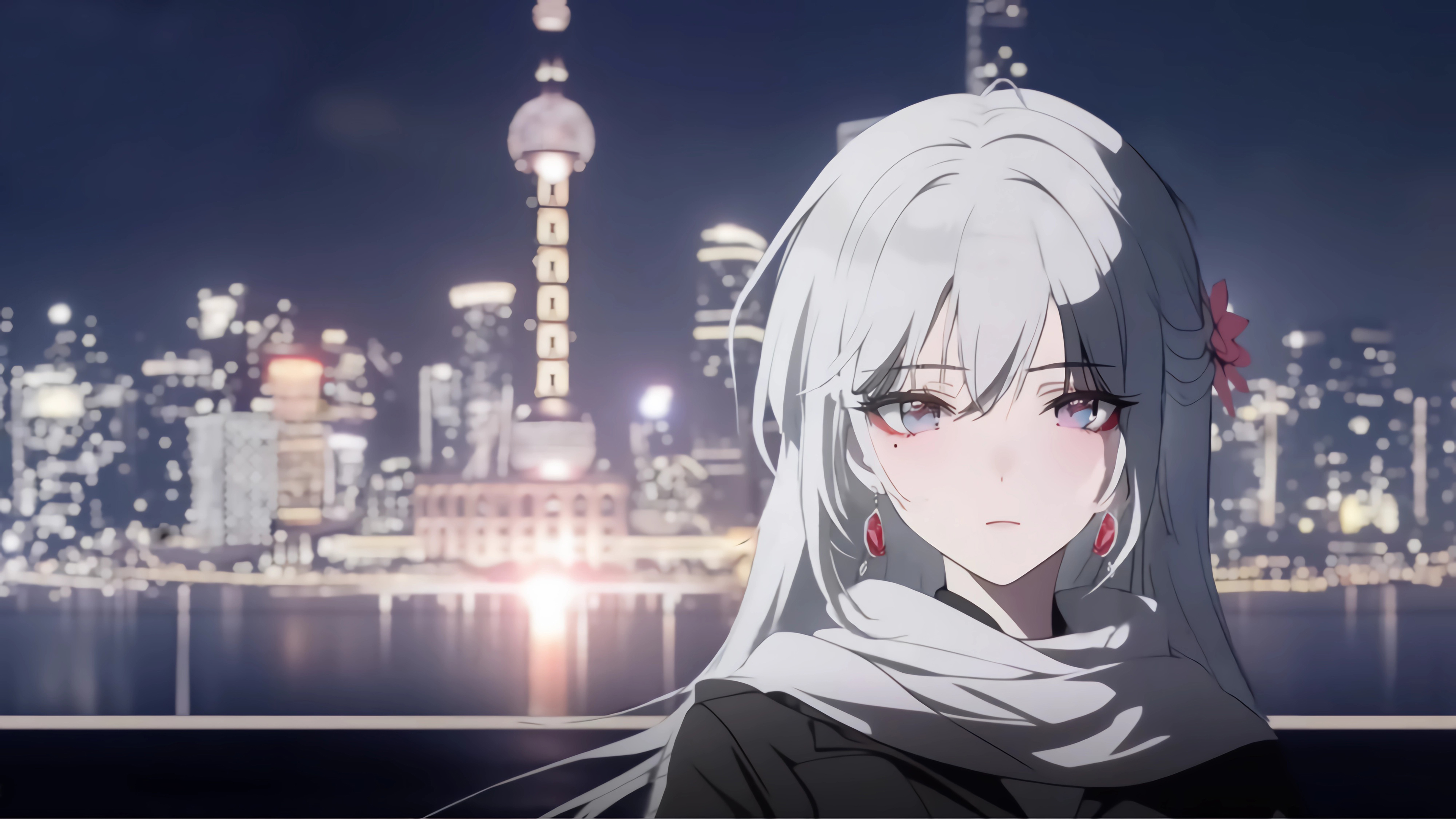 高清斯卡蒂 4k 电脑女孩 少女 美女 东方明珠 河边 4K壁纸 3840×2160