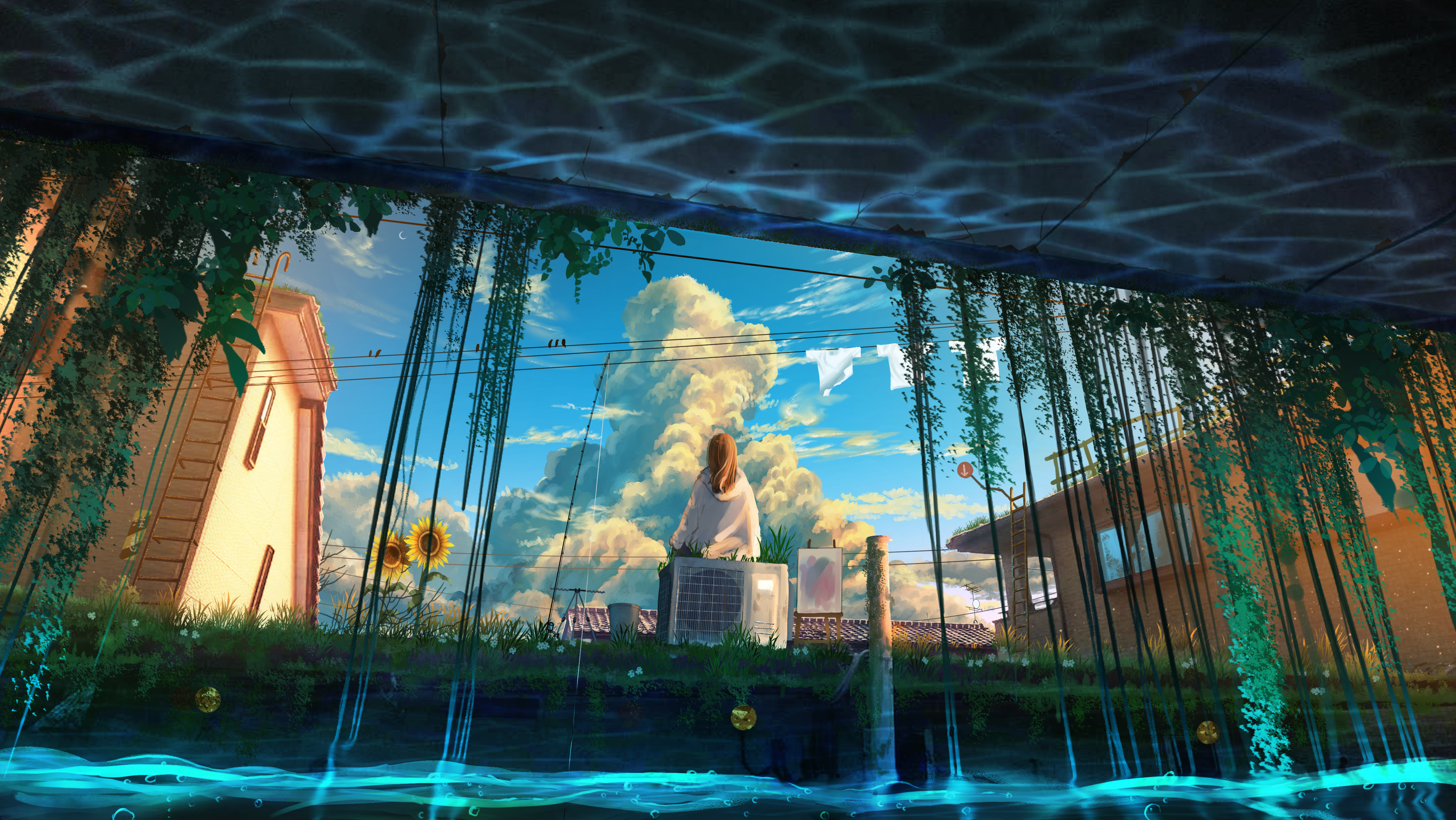 金发 女性 长发 钓竿 天空 水流 云海 草地 空调 向日葵 洗衣 电线 绘画 葡萄藤 积云 壁纸 4472×2520
