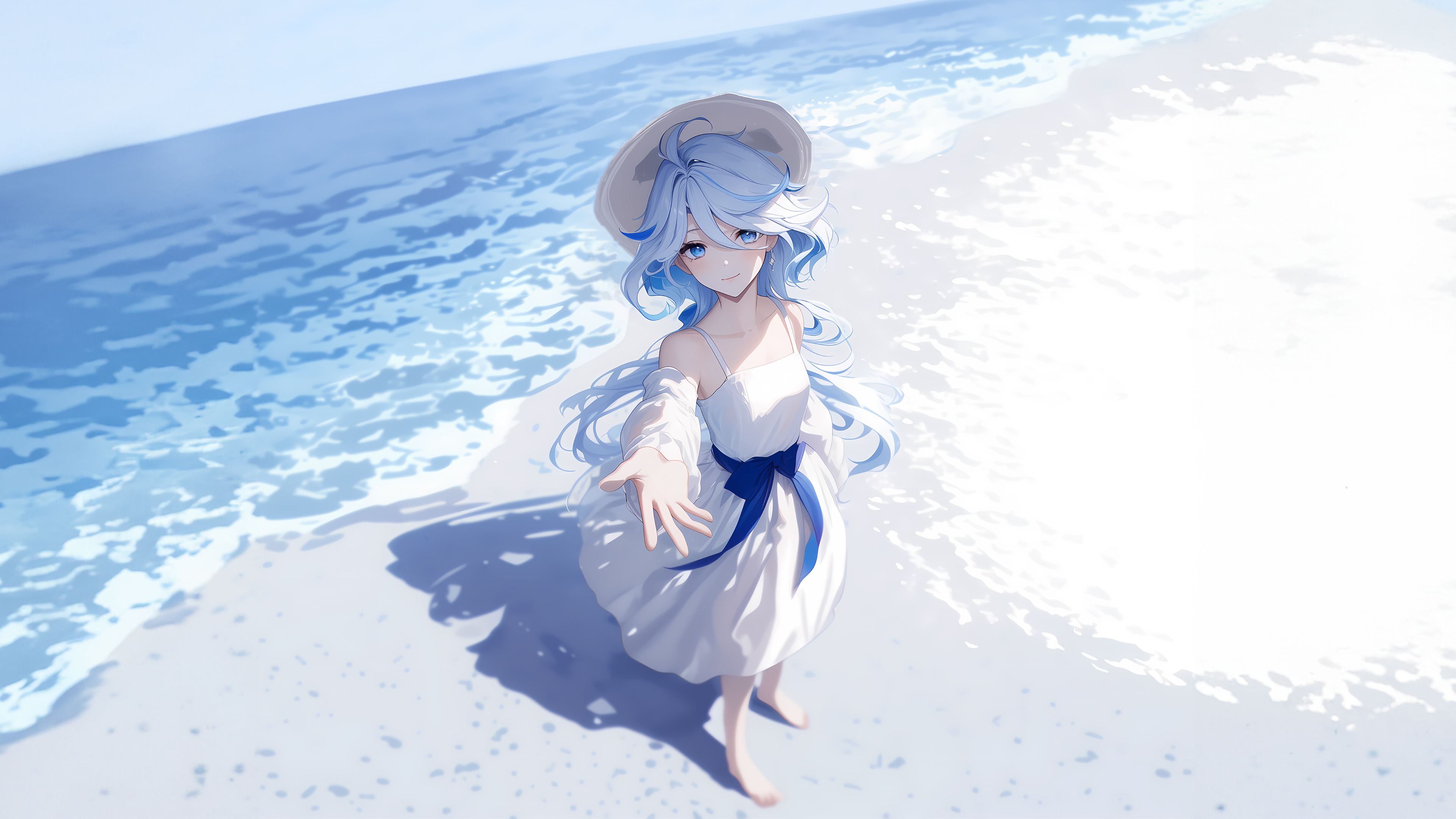 芙宁娜 海边动漫 女孩 白色连衣裙 蓝色长发 手机壁纸 3840×2160