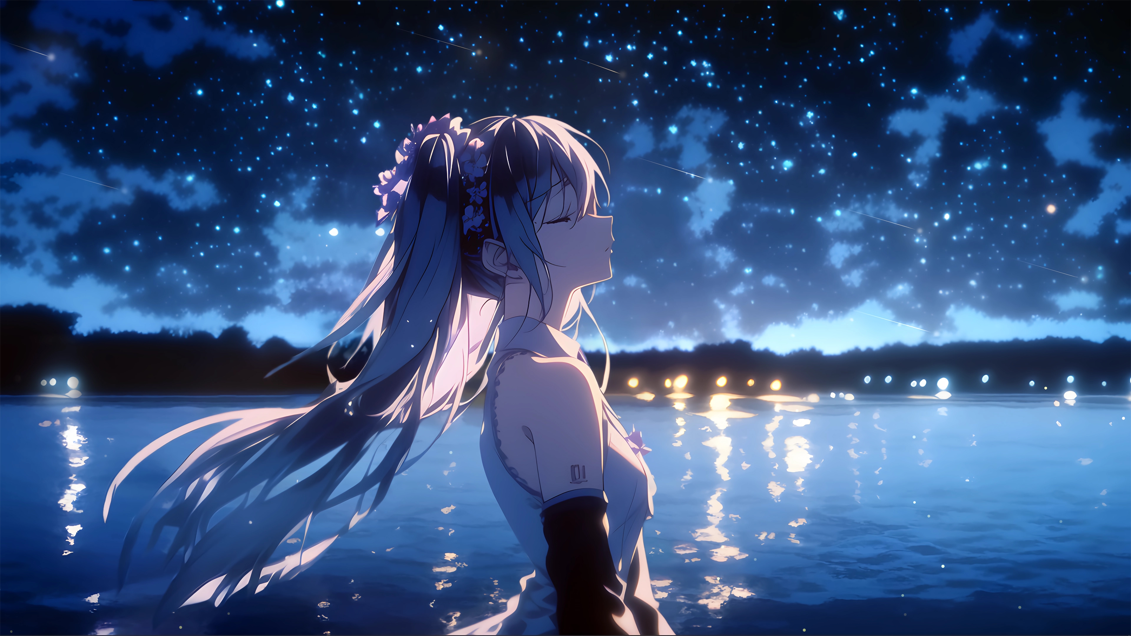 超清初音未来 湖畔 星辰 4K 动漫 女孩 美女 桌面壁纸 3840×2160