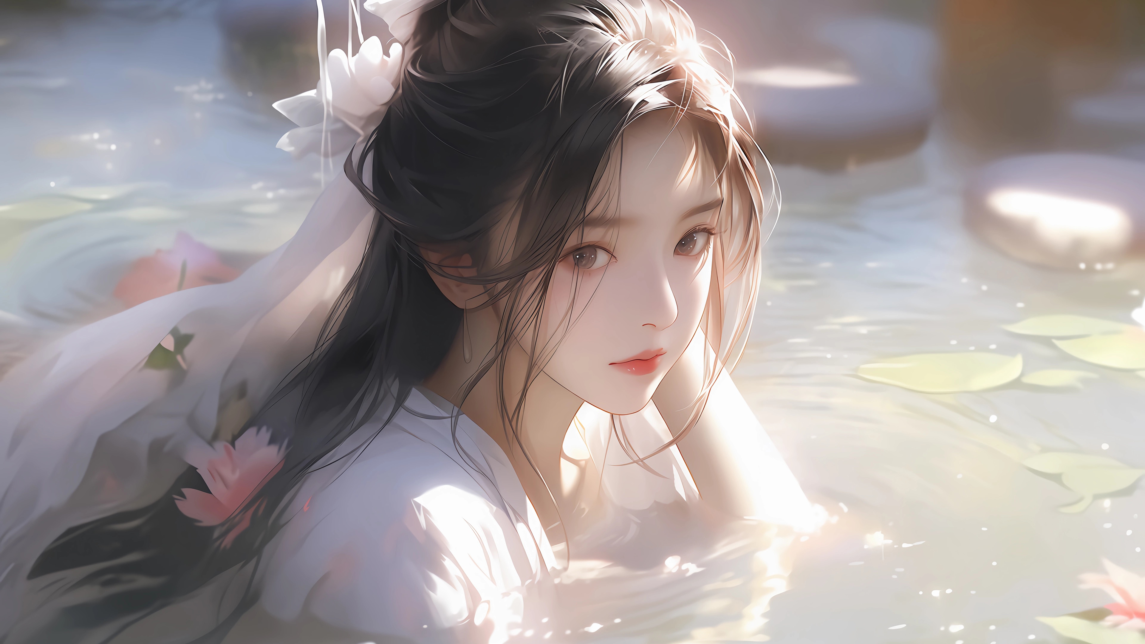 水中 古风 美女 头花 唯美 壁纸 3840×2160