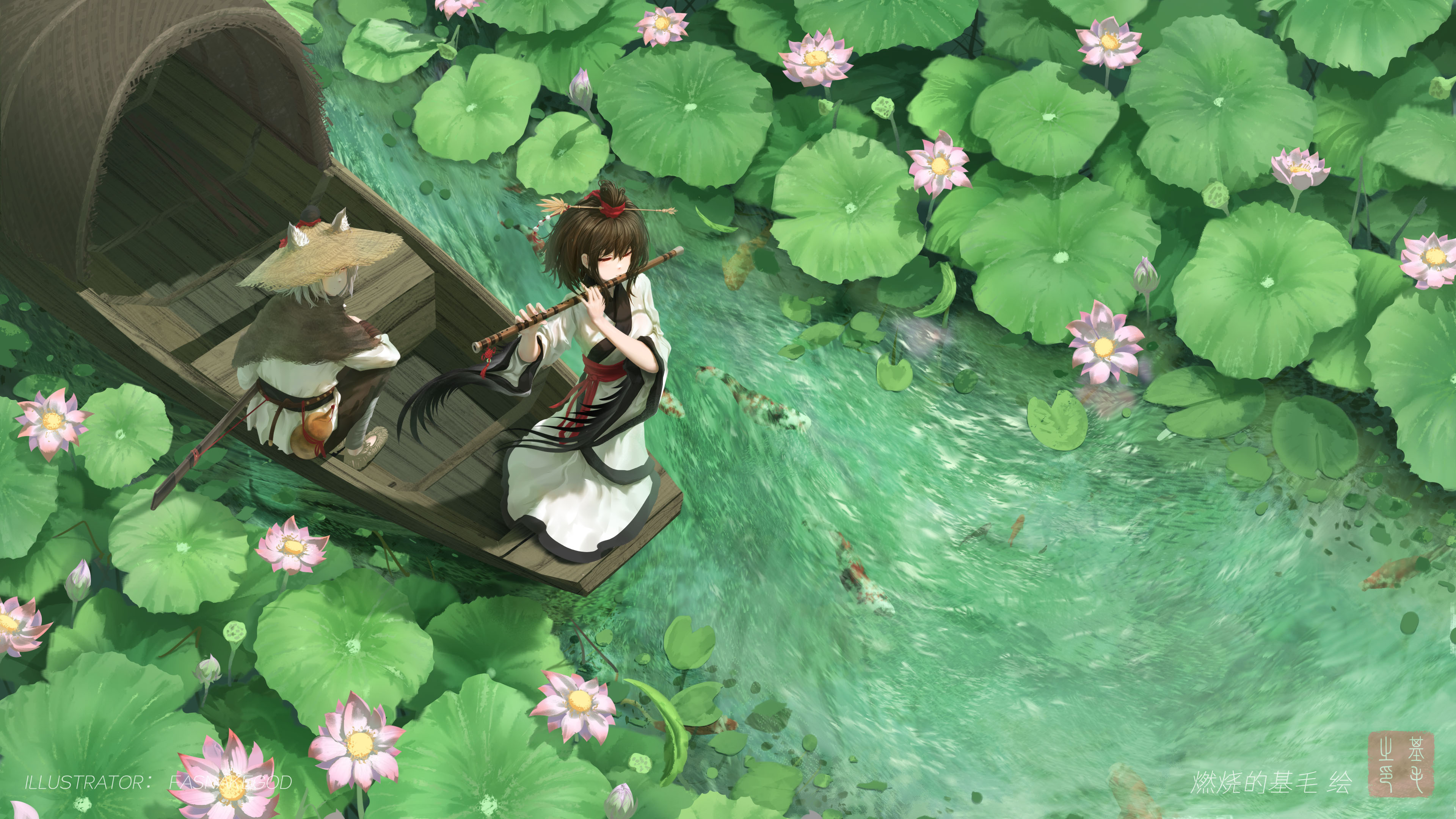 唯美渔船 长笛 鲜花 睡莲 划船 女孩 女人 古风 仙侠 草帽 壁纸 3840×2160