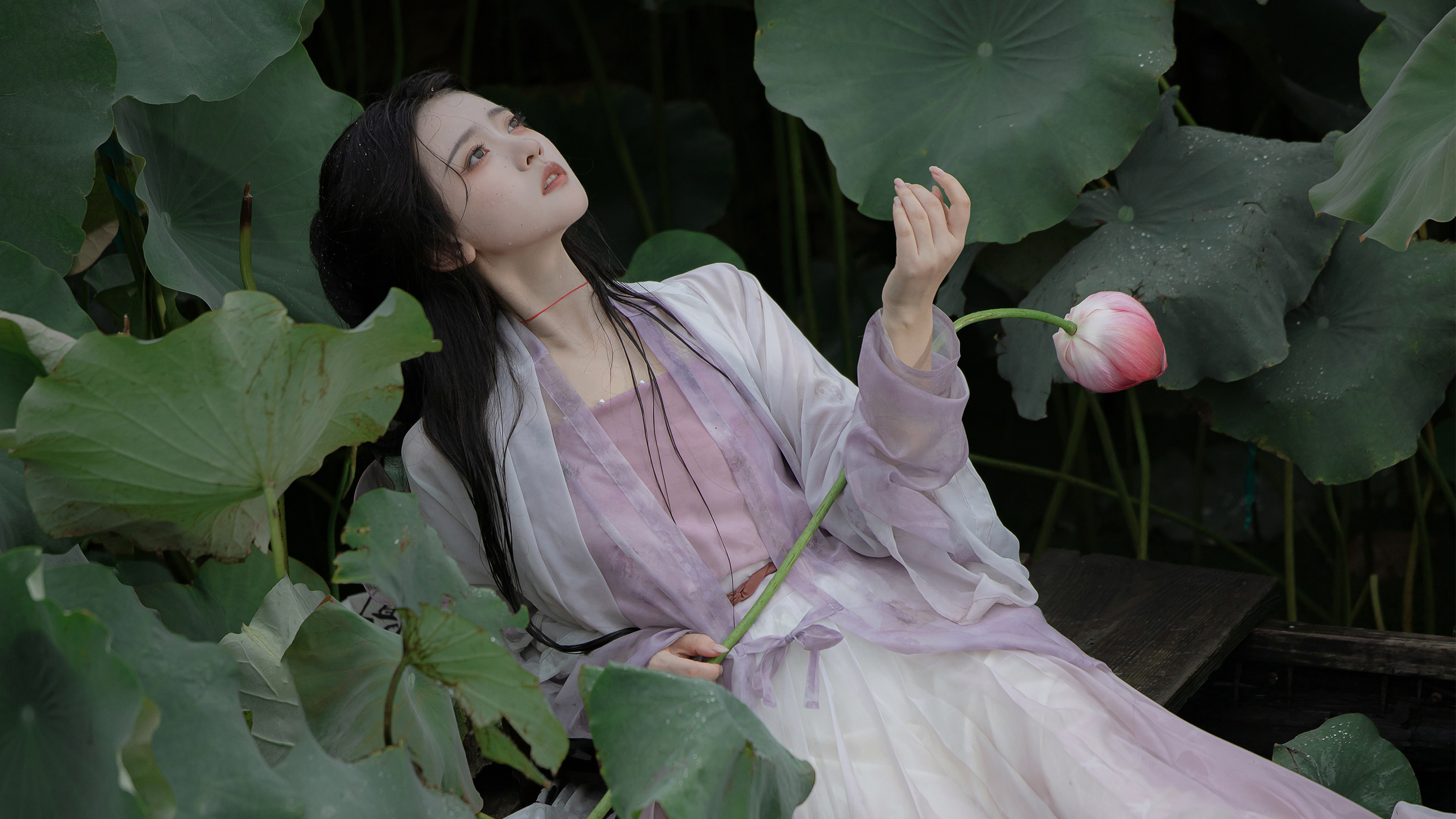 荷叶 荷花 古风 唯美 漂亮 女子 4K 美女古风 真人 壁纸 3840×2160