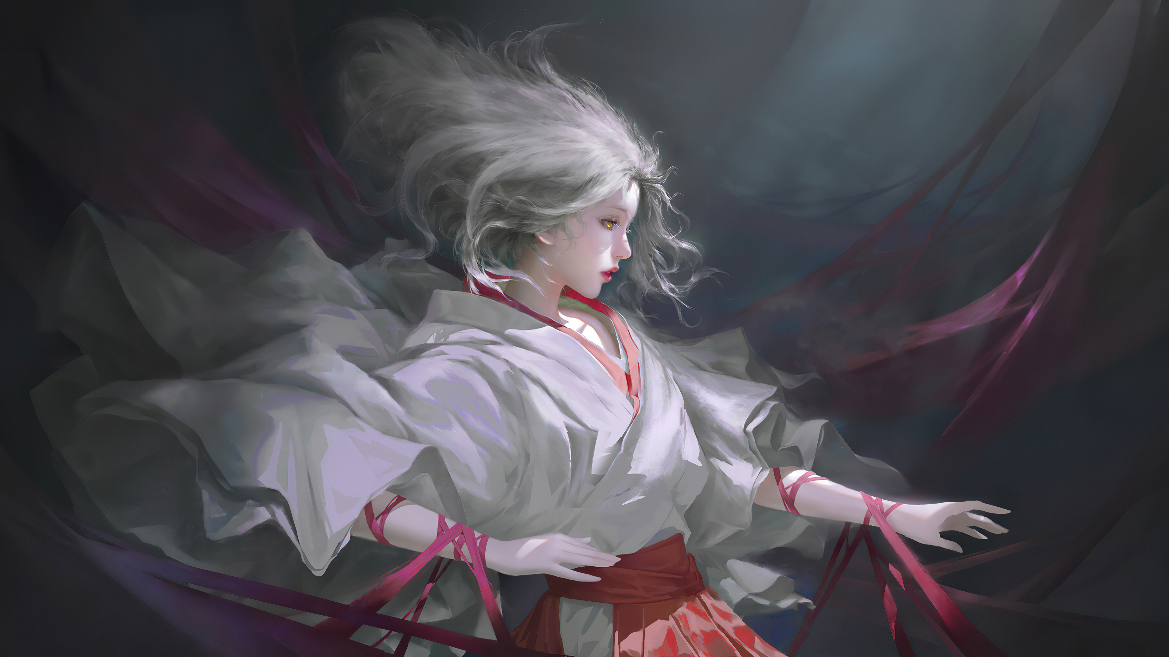 古风 少女 白发 白色衣服 唯美 丝带 红色丝带 飘逸 红色绑带 4K壁纸 3840×2160