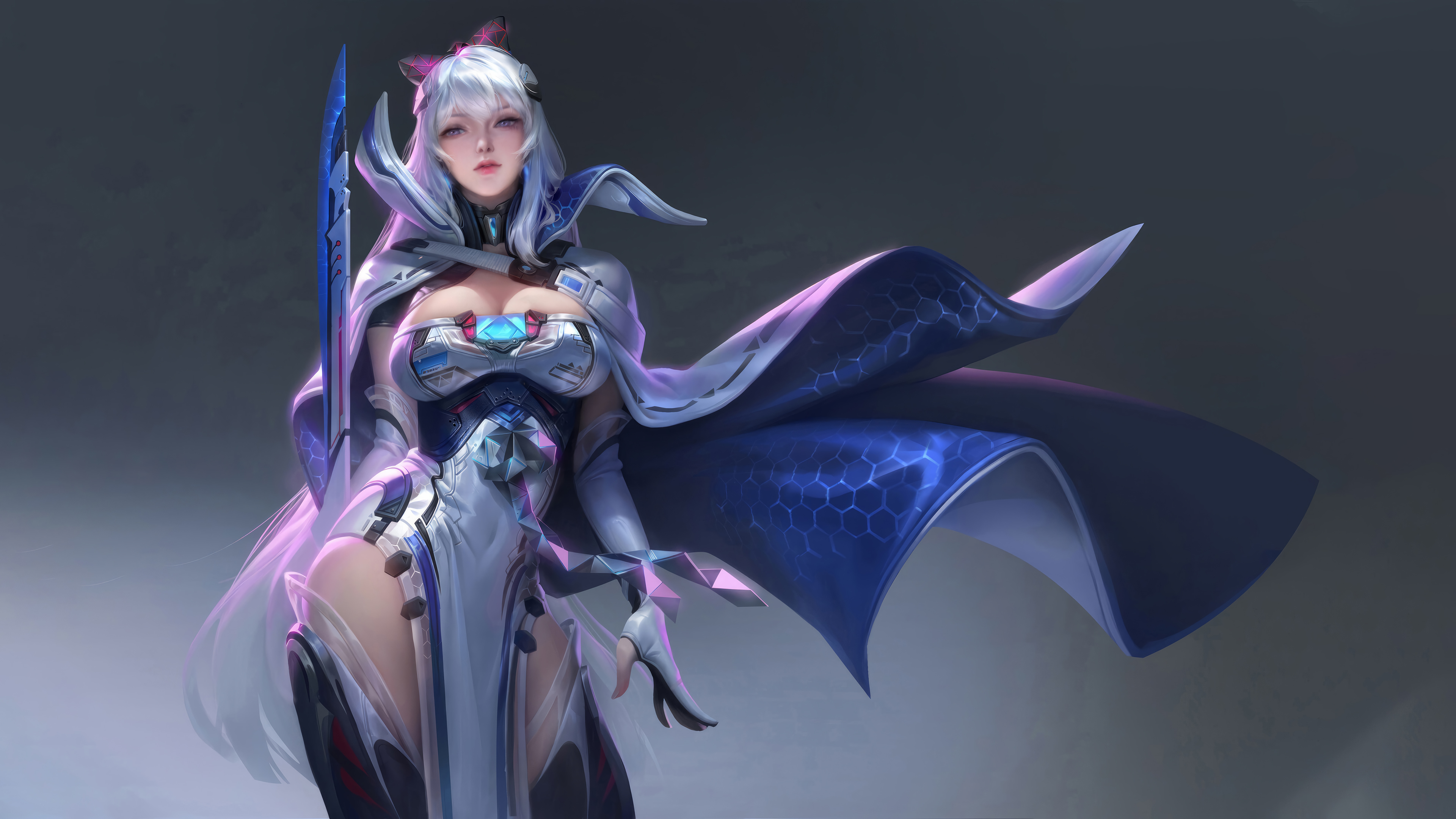 女性 科幻 小说 长剑 披风 盔甲 白色头发 4K高清壁纸 3840×2160