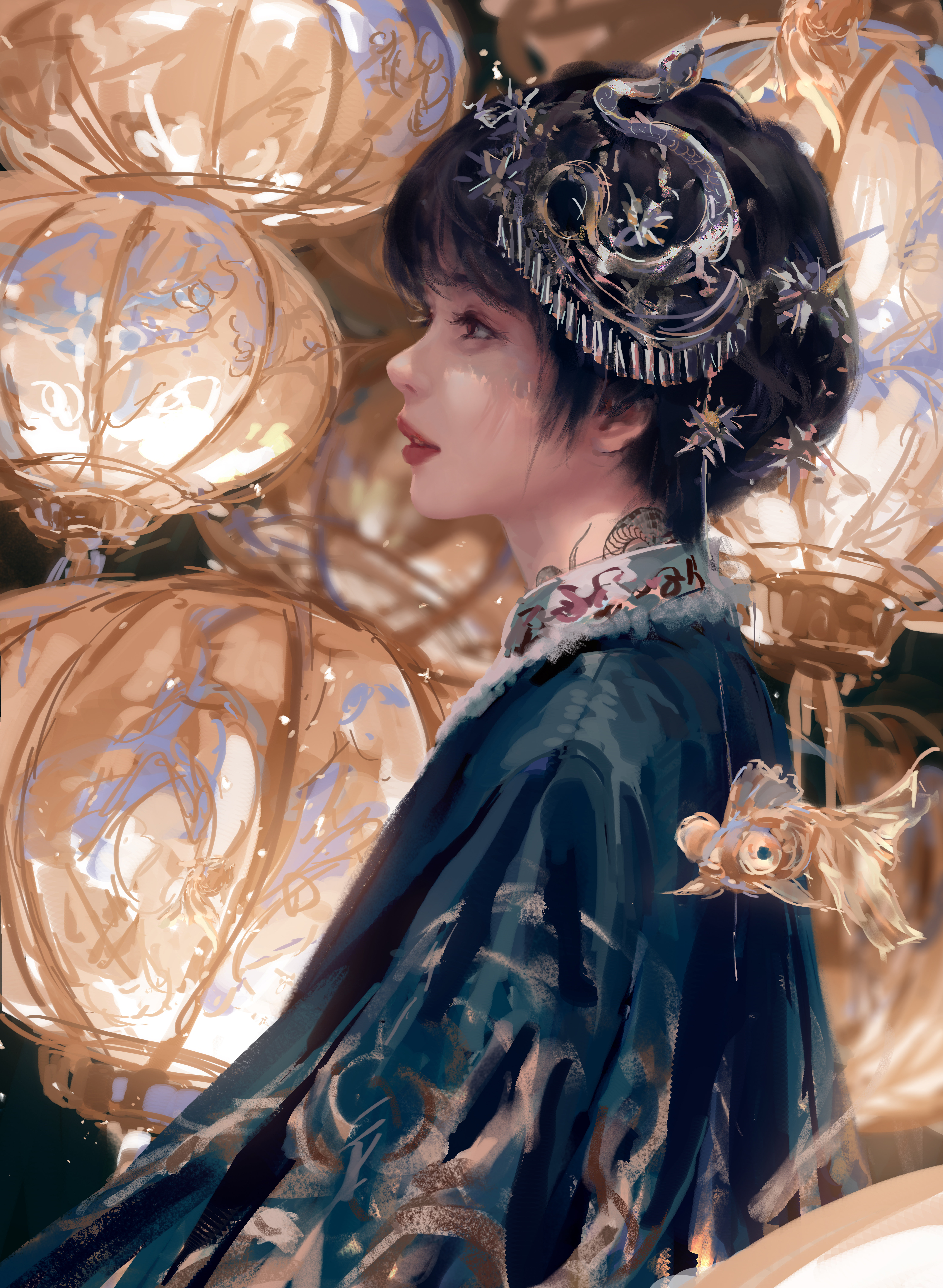 黑发 女性 短发 数字 绘画 肖像 汉服 灯笼 头饰 手机 壁纸 5979×8166