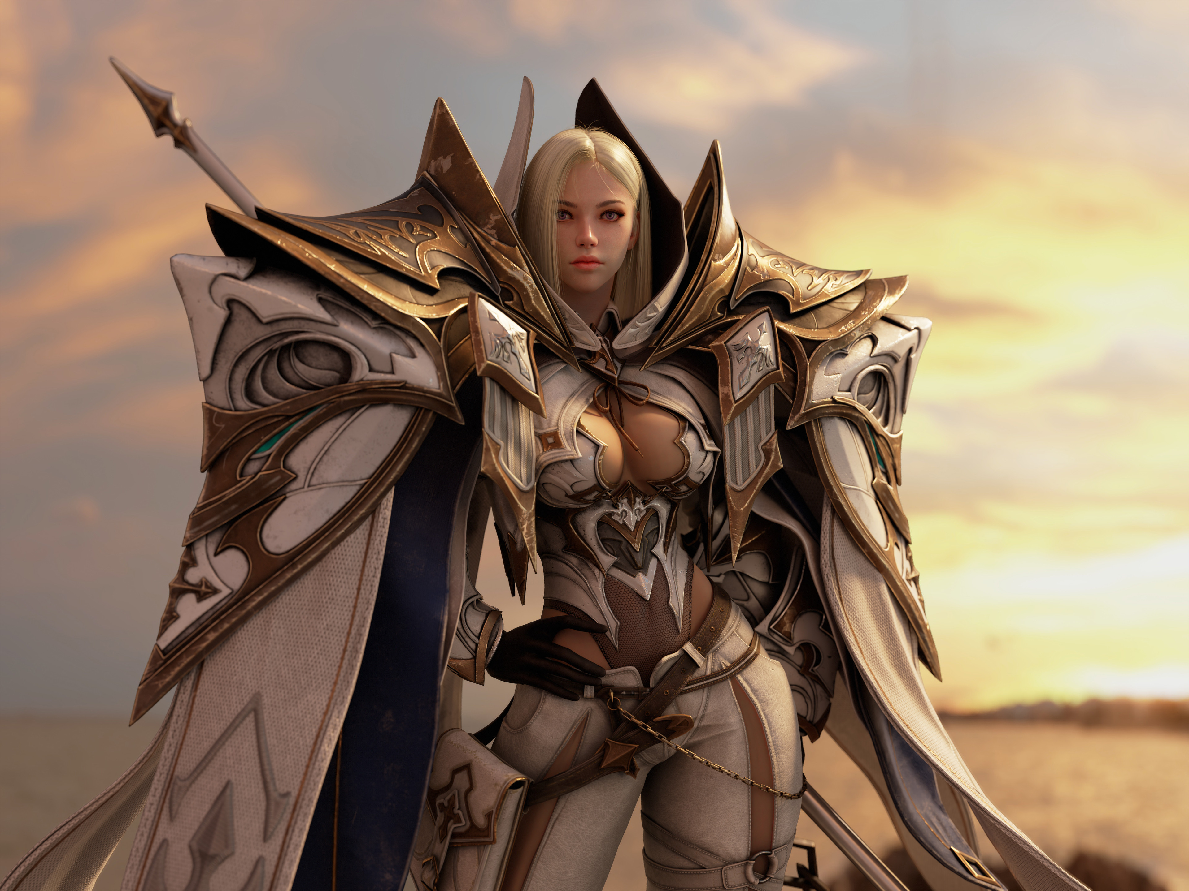 女人 骑士 长发 金发 站立 女战士 CGI 盔甲 垫肩 模糊背景 天空 紫色眼睛 日落 光芒 黑手套 壁纸 3840×2880