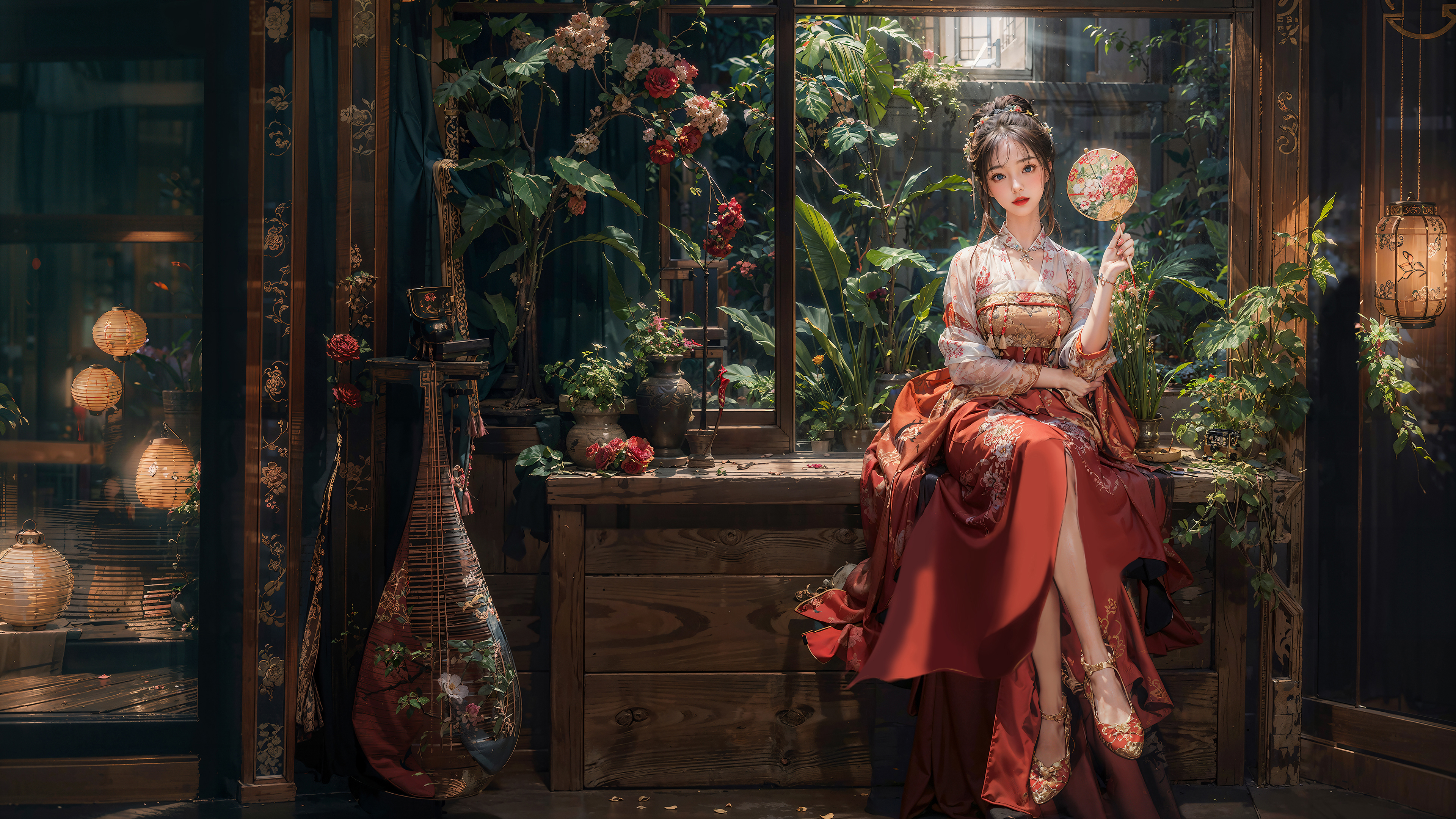 古风 美女 扇子 红色裙子 室内 绿色植物 鲜花 团扇 灯笼 花田 花园 壁纸 3840×2160