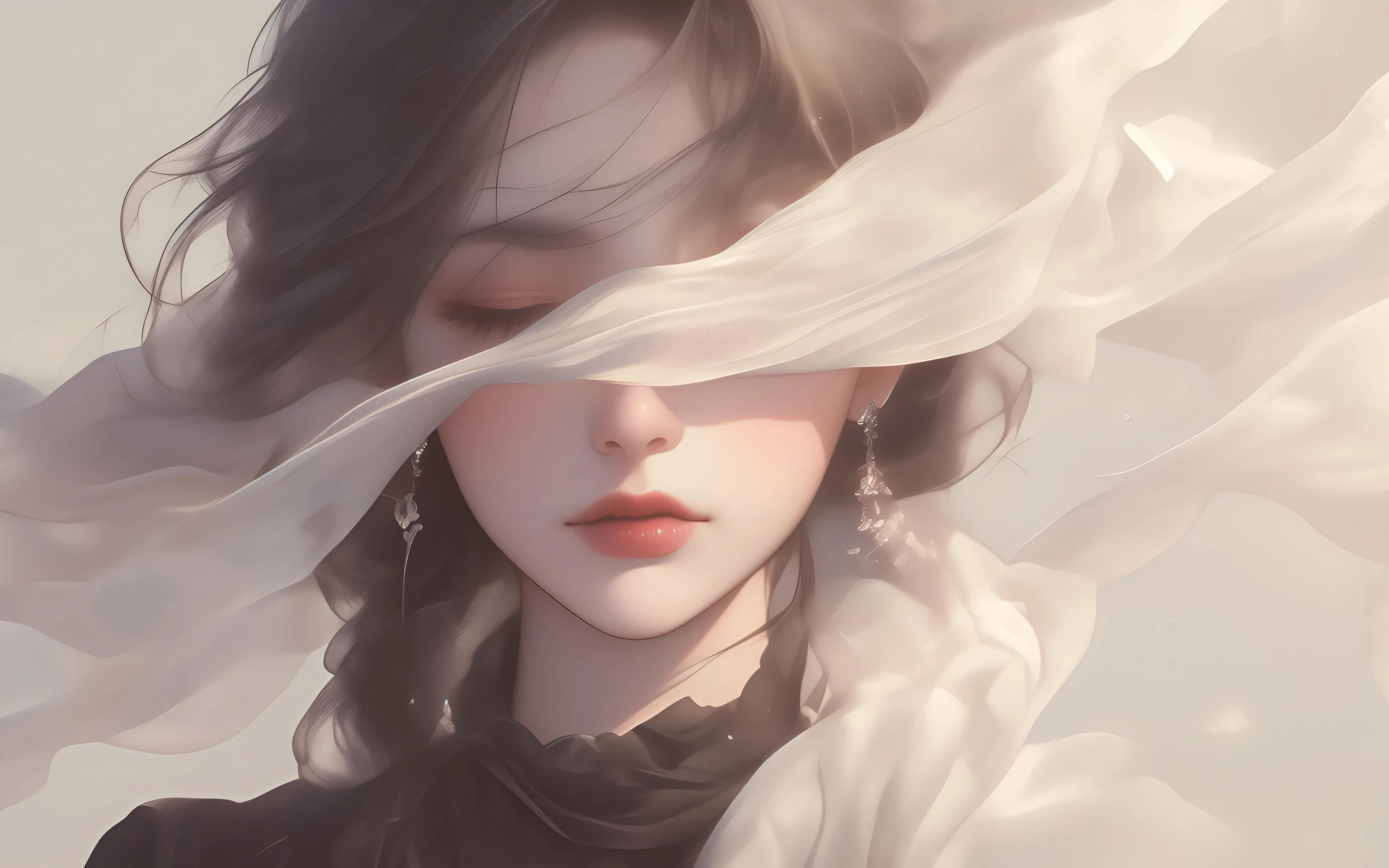 精选遮眼 唯美 动漫耳坠 女人 头像 闭眼 丝带 纱巾 高清壁纸 3840×2400