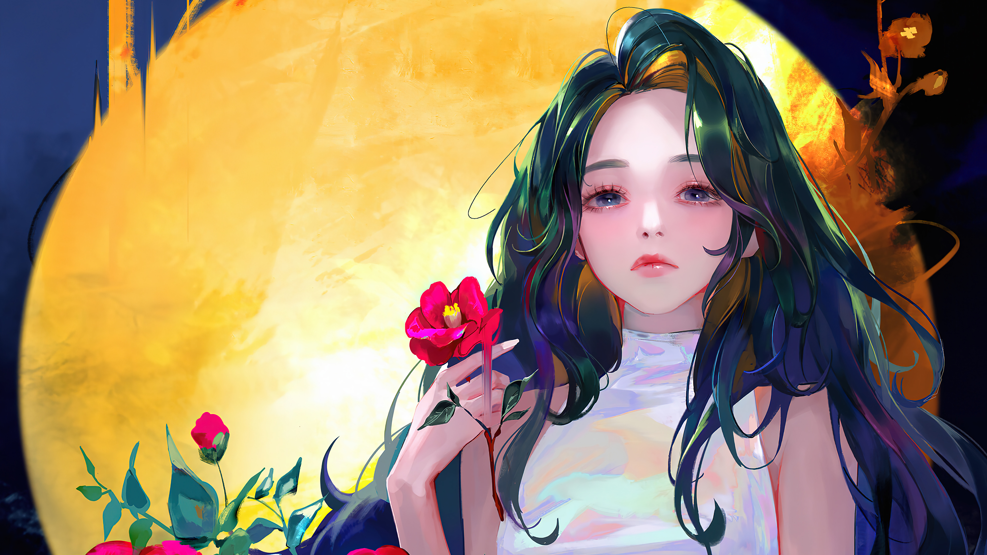 长发 动漫 女孩 鲜花 AI艺术 4K高清壁纸 3840×2160