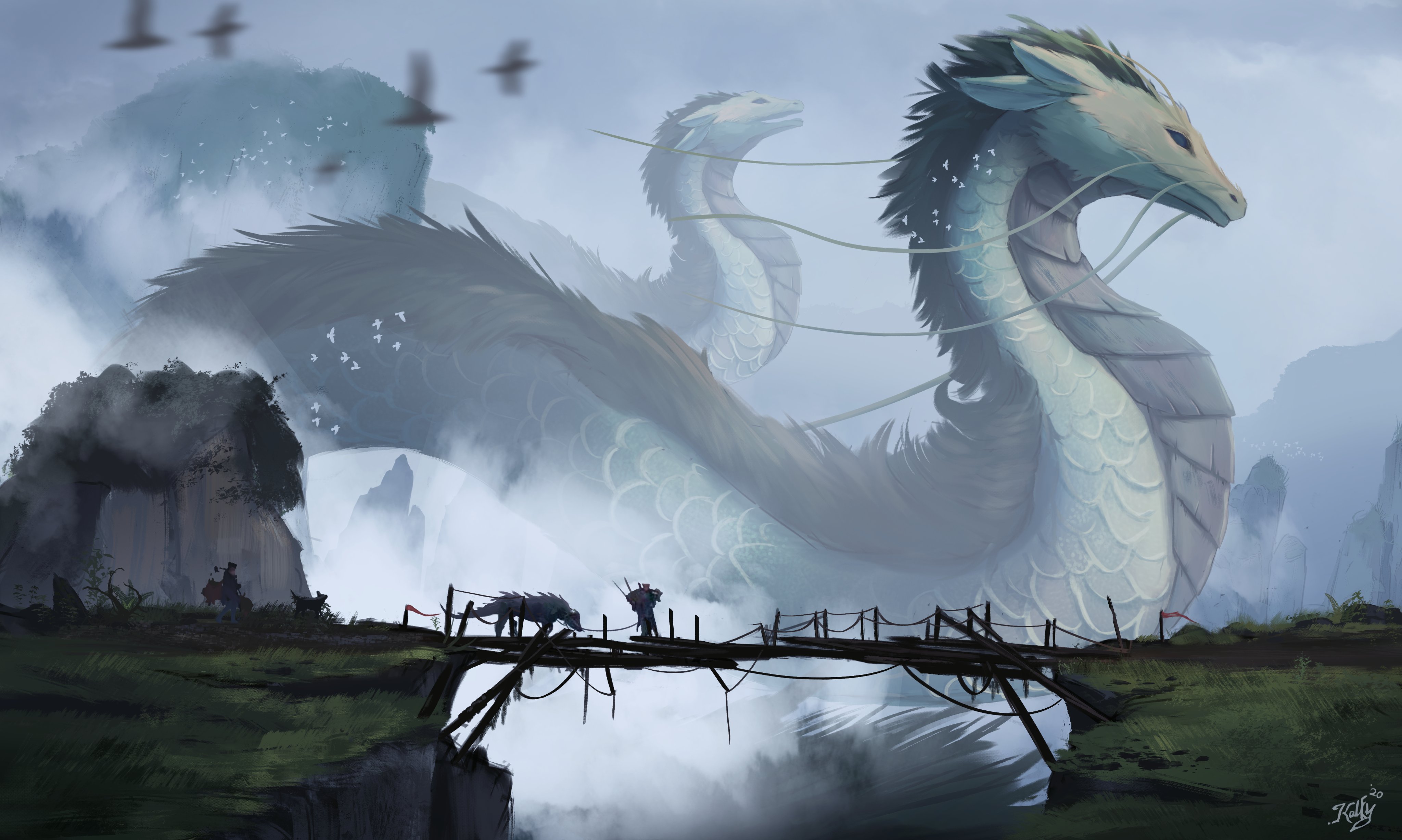卡飞 奇幻艺术 龙 生物 桥 中国龙 4K高清壁纸 4096×2456