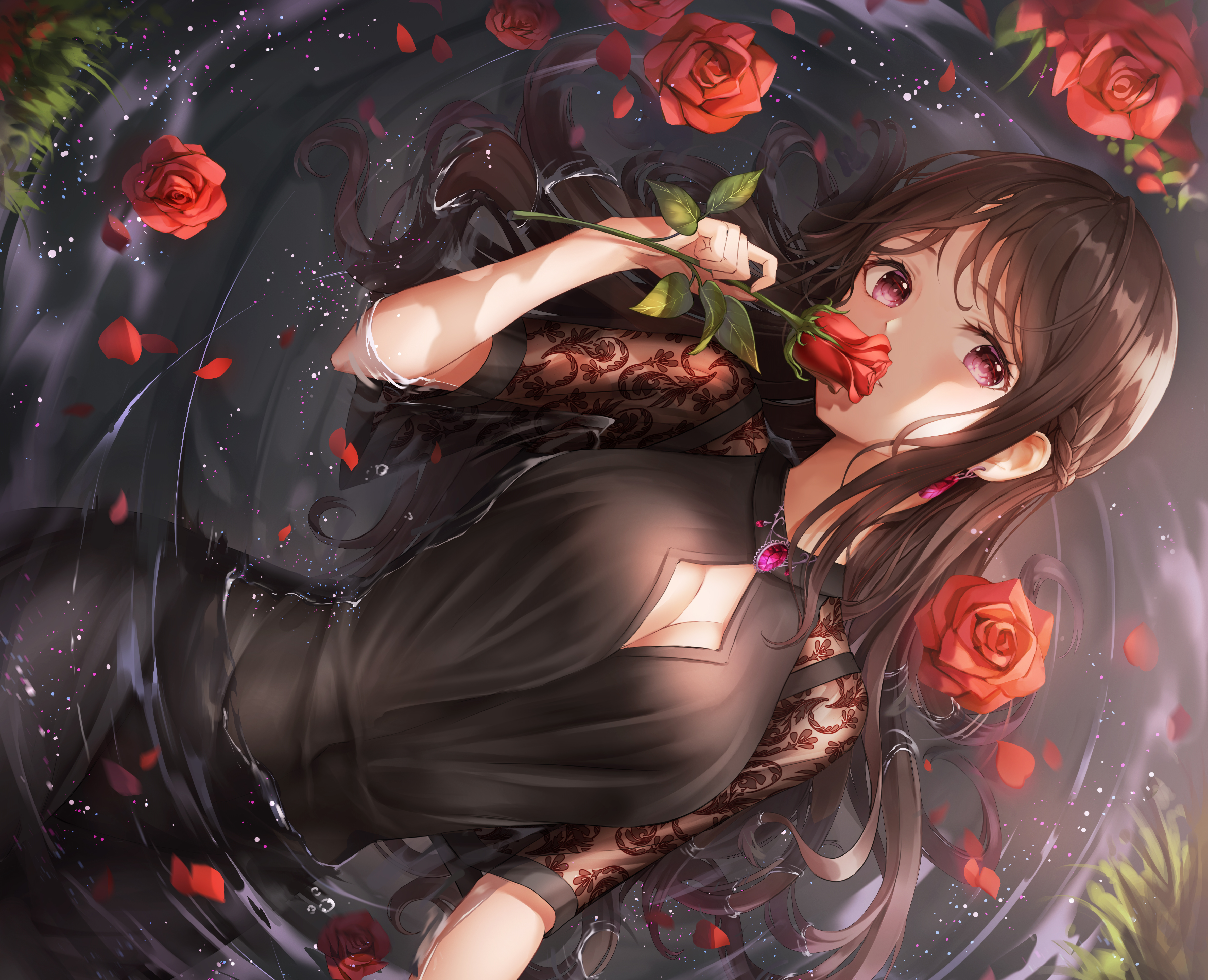 热门仰卧 长发 动漫 女孩 水 花 花瓣 衣服 腮红 无水印壁纸 4762×3865