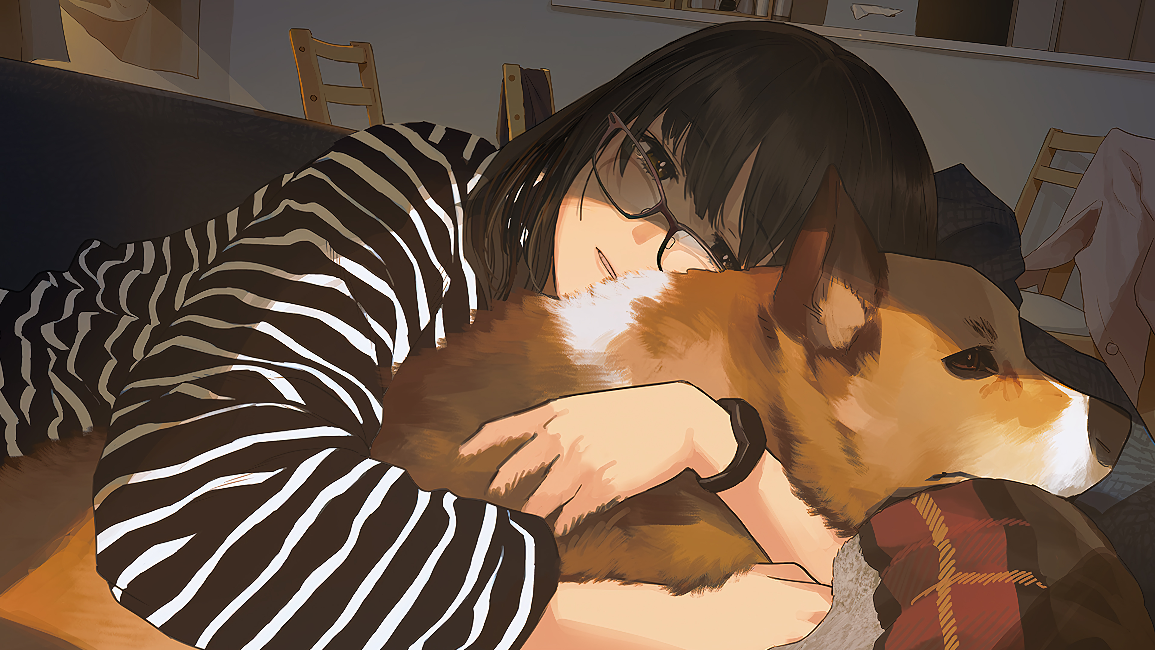 黑发 室内 女人 拥抱 动漫 女孩 棕色眼睛 狗 柯基犬 条纹衣服 眼镜 动物 高清壁纸 3840×2160