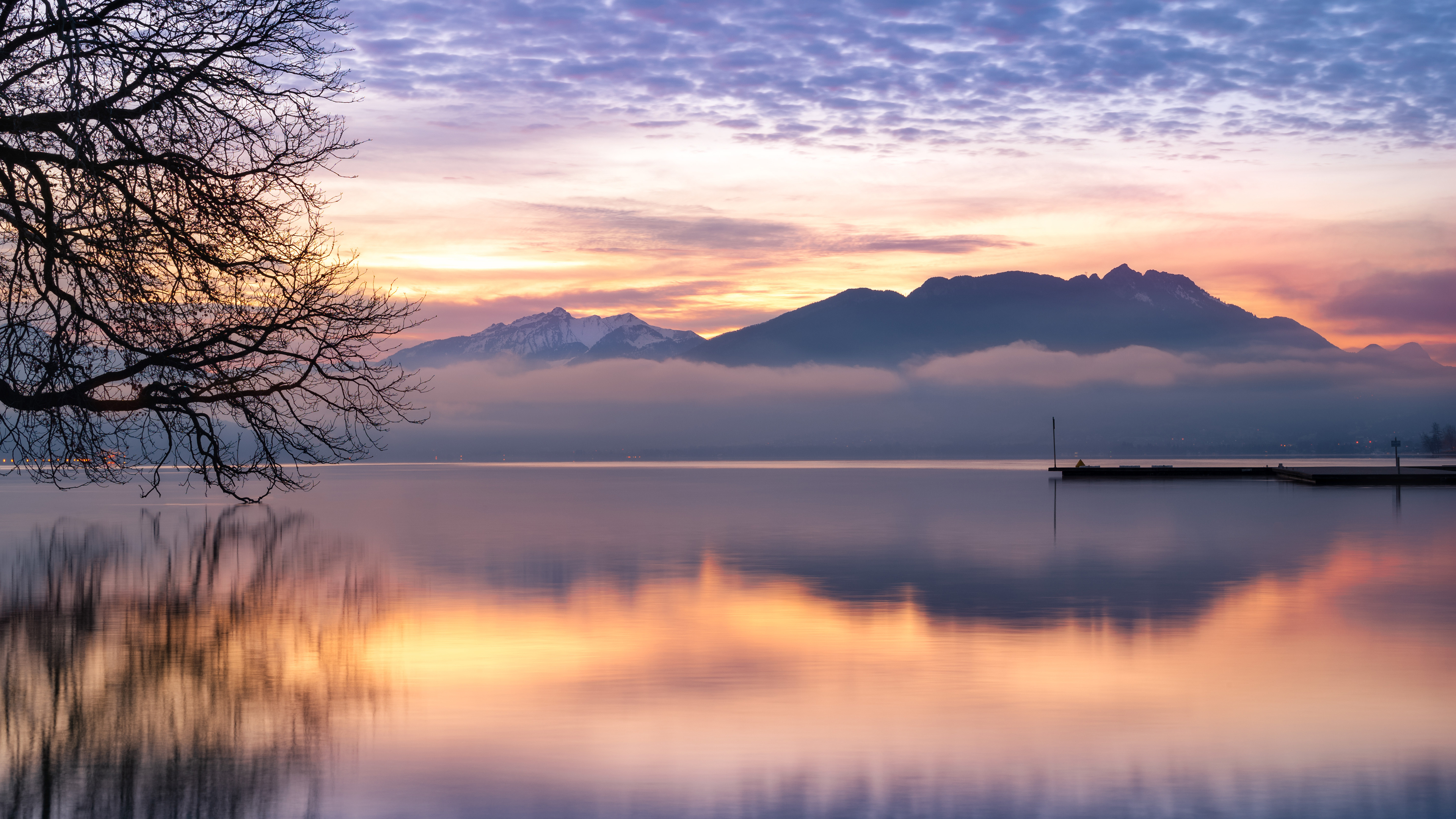 摄影 风景 日落 环境 湖泊 水 倒影 山 云 自然 树木 4K高清壁纸 3840×2160