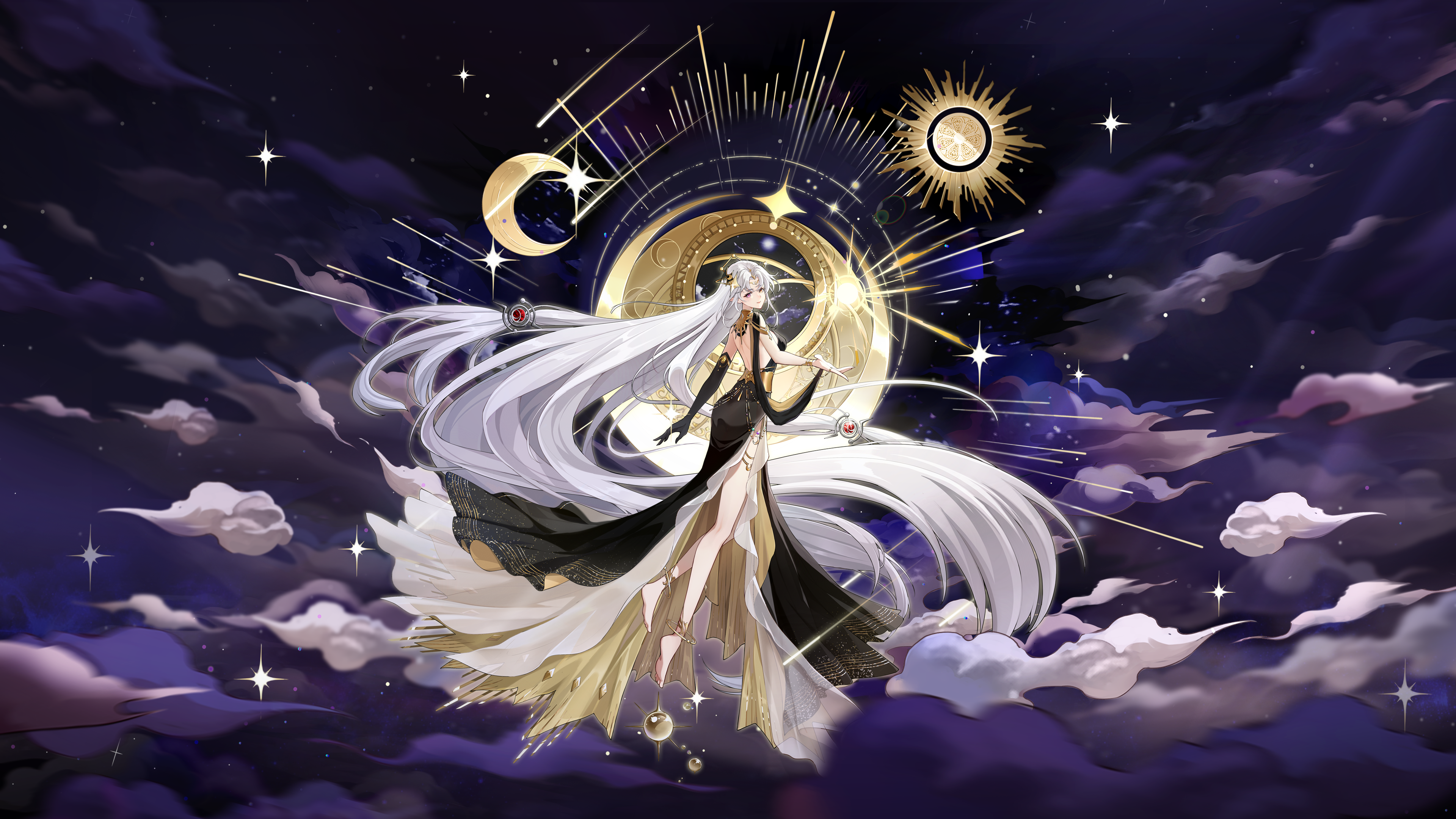 长发 白发 红眼睛 动漫 女孩 云 月亮 太阳 光环明星 手机壁纸 3840×2160