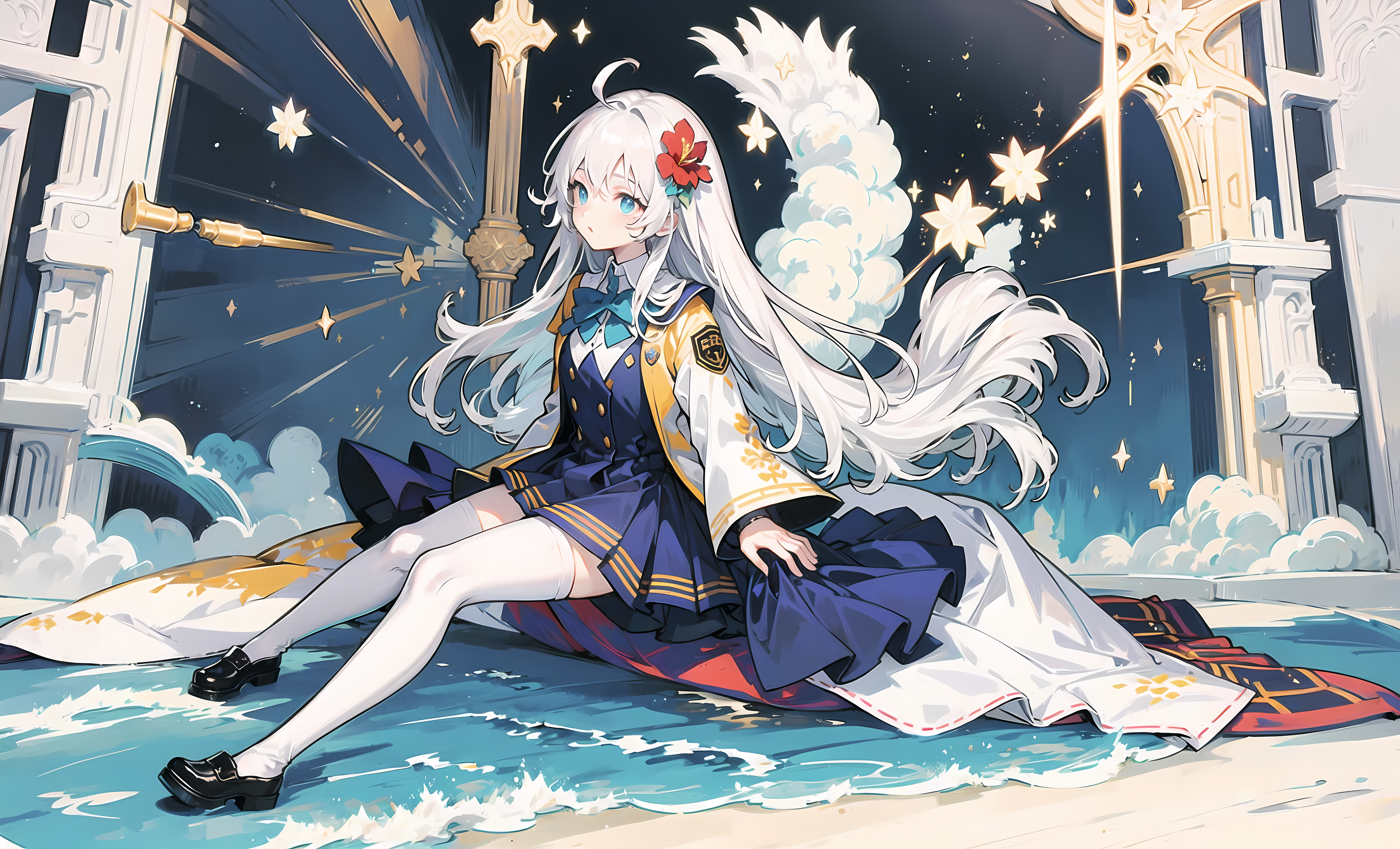 女学生 长发 校服 连衣裙 艺术 动漫 女孩 蝴蝶结 头发上花 长袜 水 星星 裙子 4K高清壁纸 3840×2328