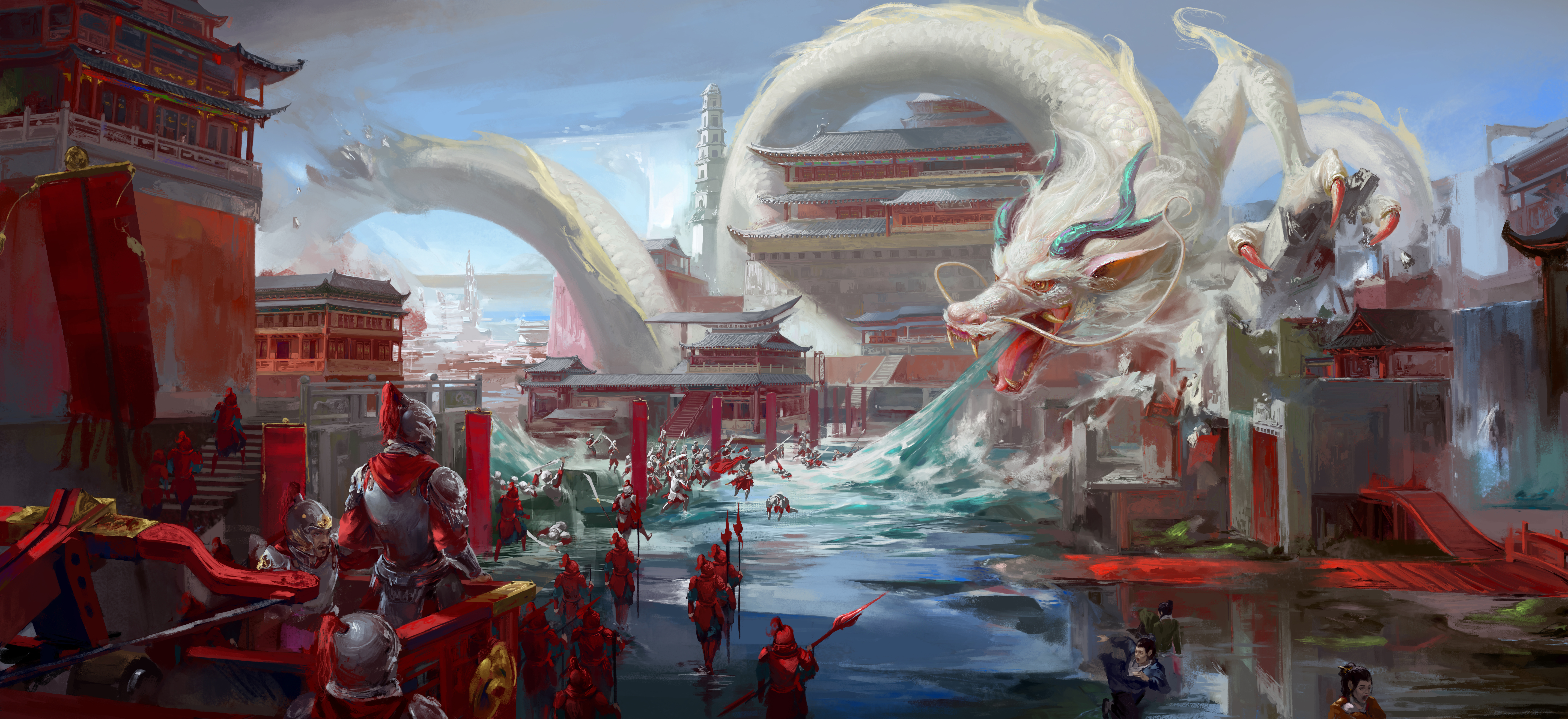 绘画 奇幻艺术 生物 龙 水 中国龙 古建筑 士兵 奇幻 龙王庙 壁纸 8882×4073