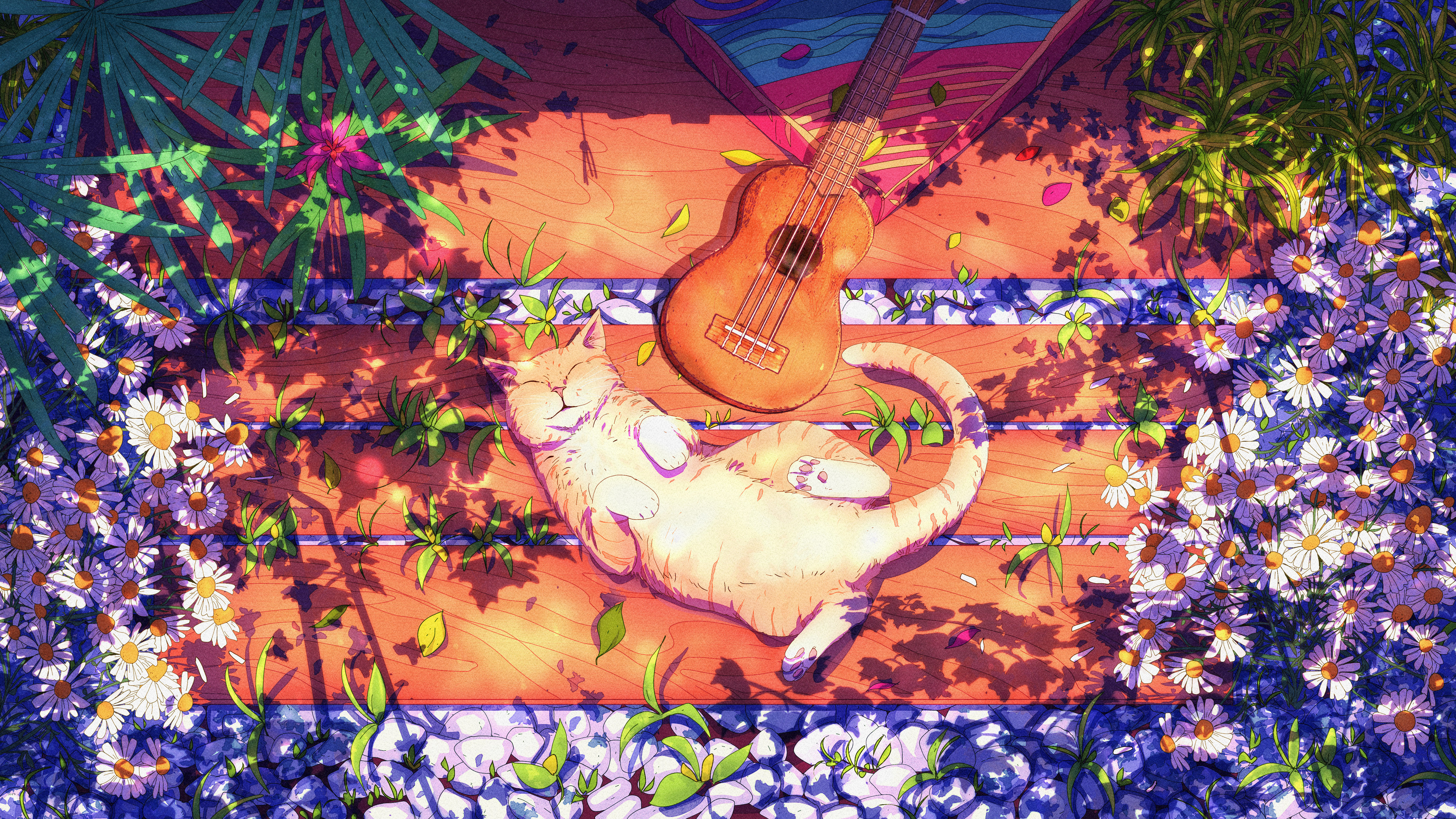 AI艺术 奇幻艺术 猫 吉他 鲜花 长凳 阳光 乐器 花瓣 动物 桌面壁纸 3840×2160