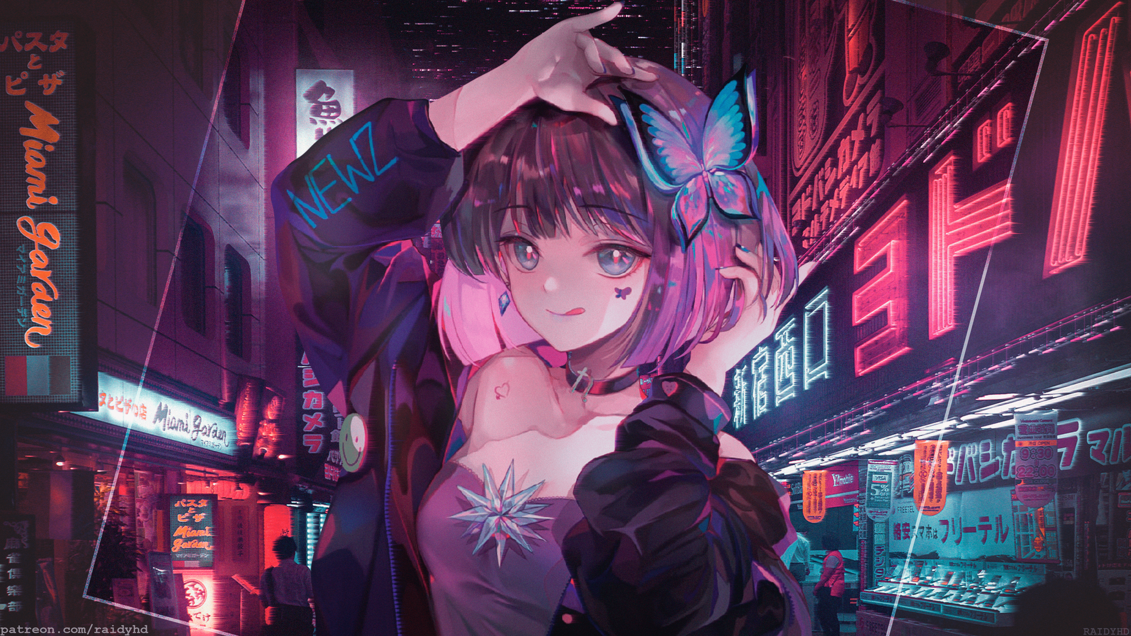 热门动漫 女孩 画中画 蝴蝶 夜晚 商店 小巷 高清壁纸 3840×2160