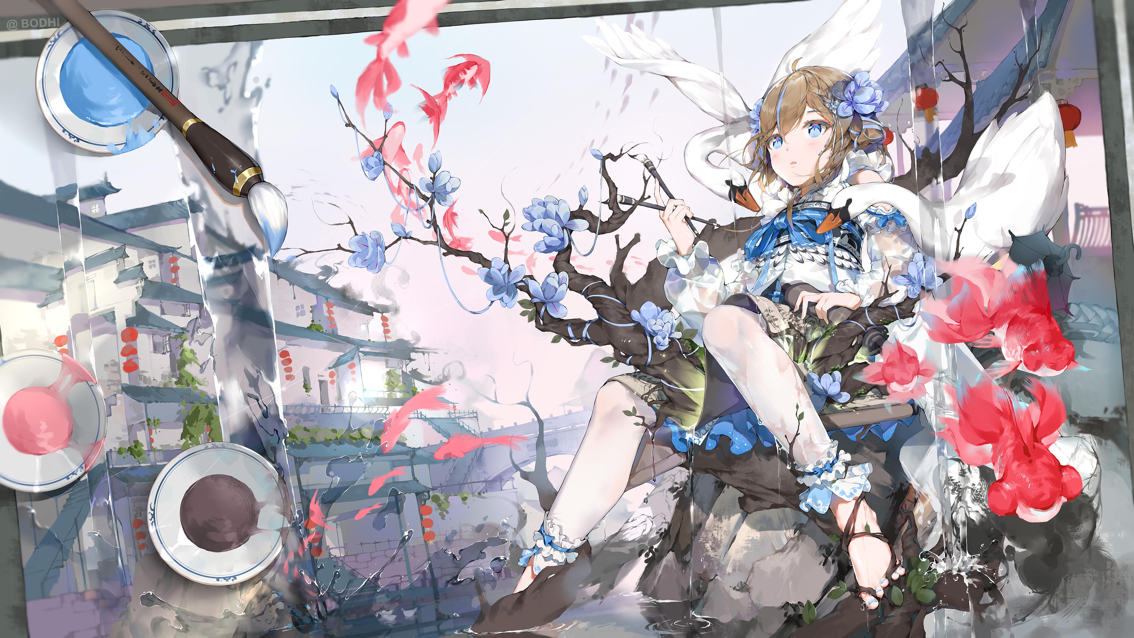 高清蓝头发 动漫 女孩 鱼 动物 画笔 桌面壁纸 3840×2160