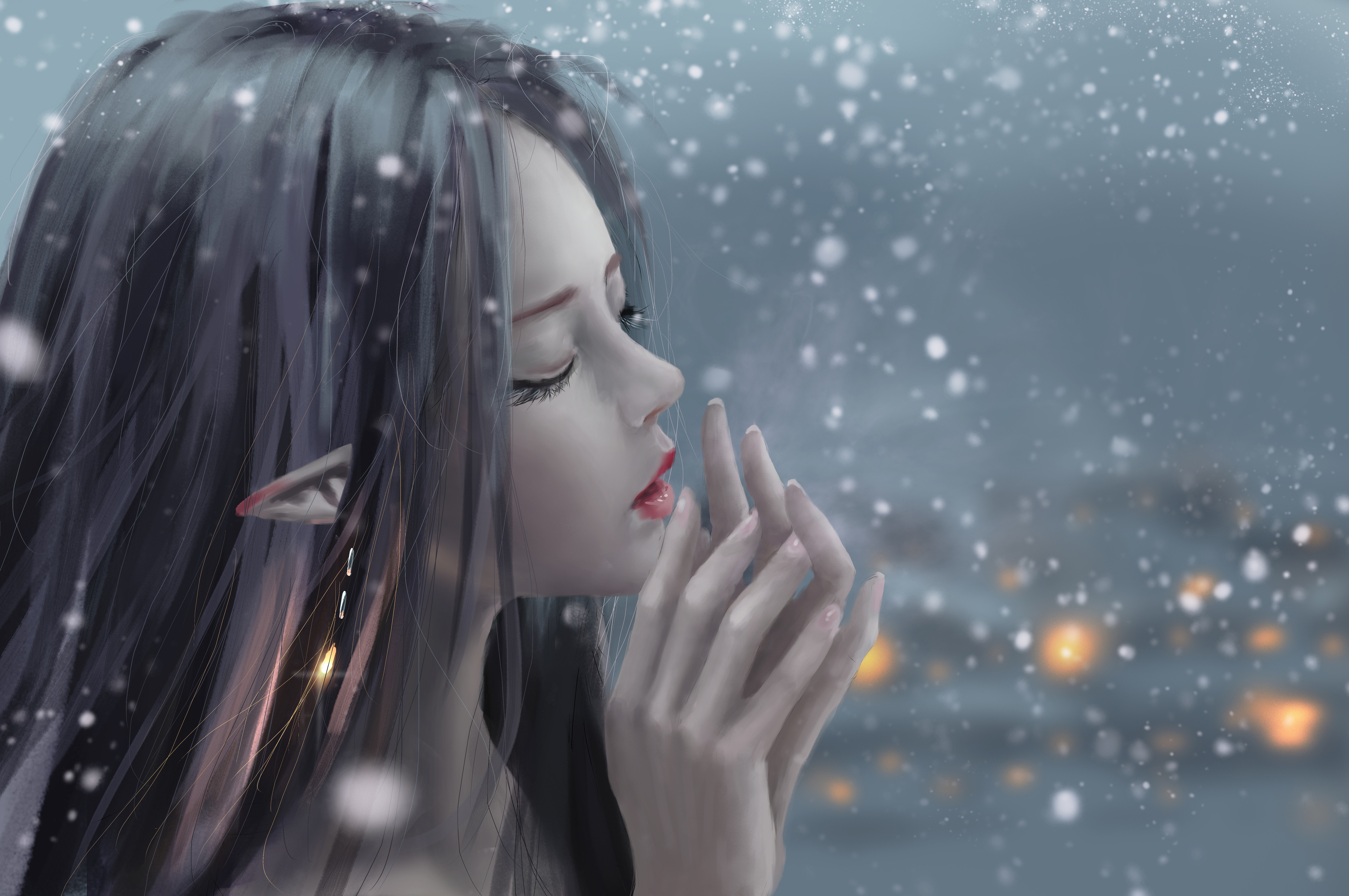 唯美伊迪亚 凯 精灵 夜 雪 画 无水印壁纸 4000×2657