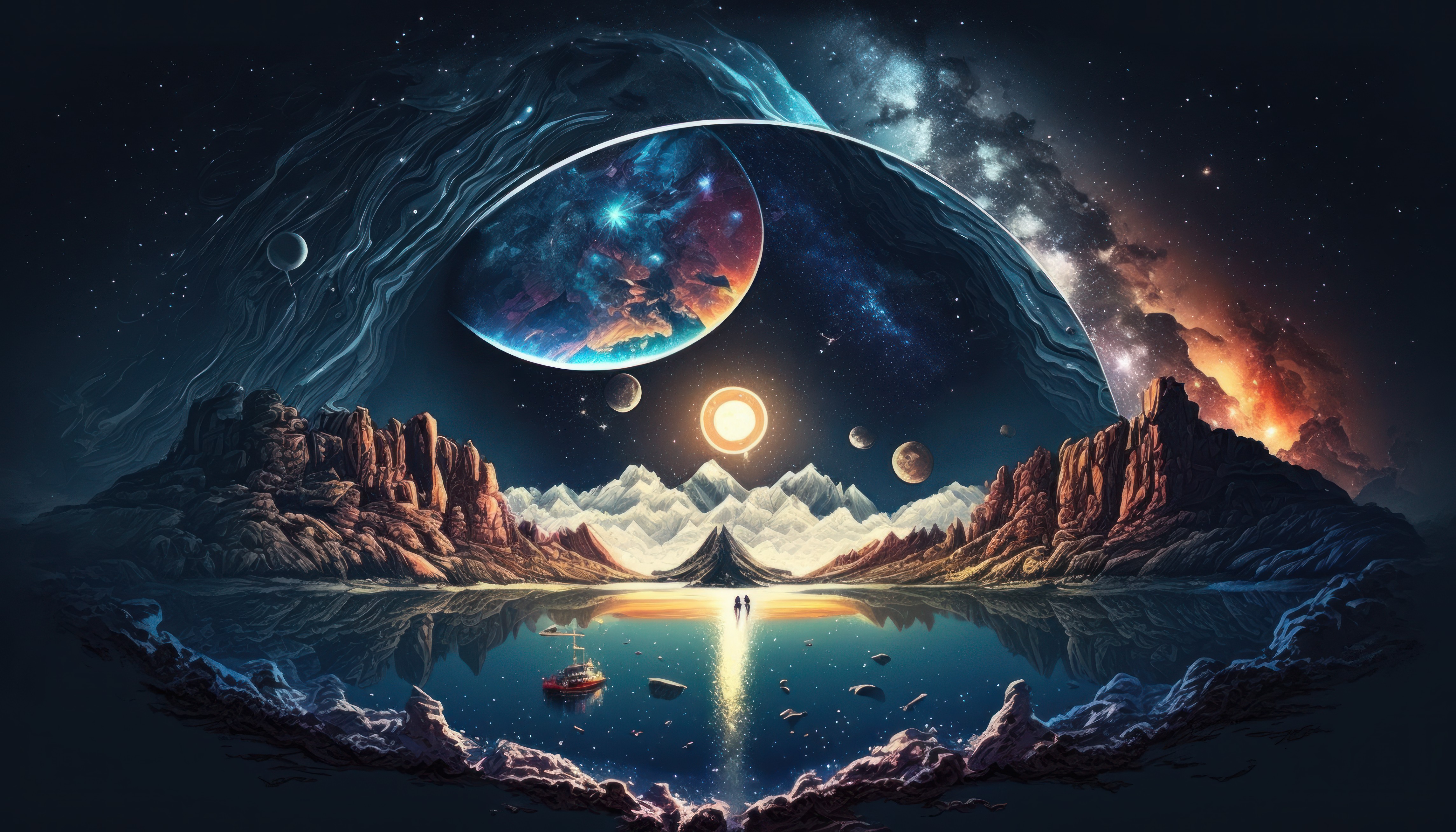 艺术 插图 行星 空间 水 倒影 船 星星 4K高清壁纸 4579×2616