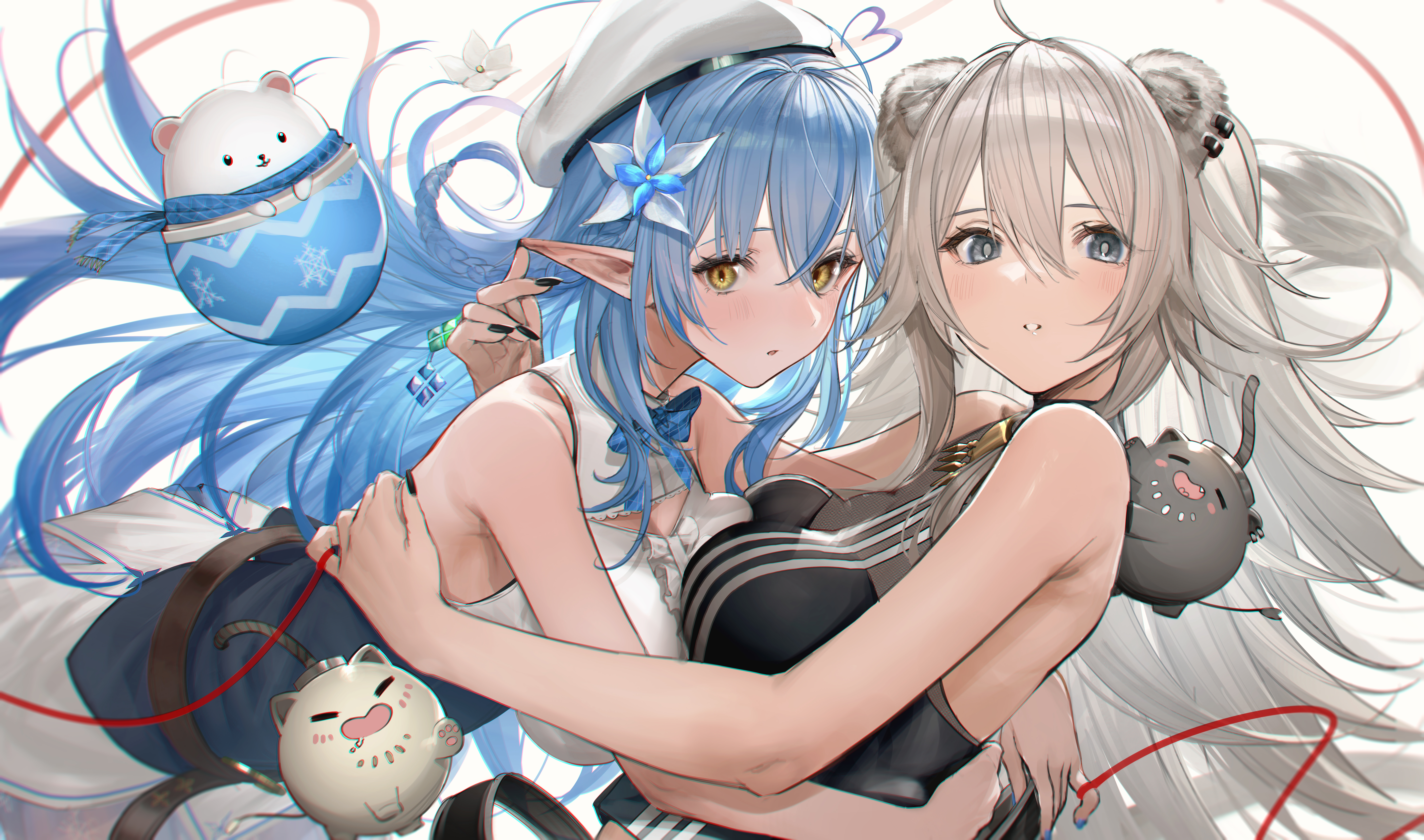 热门拥抱 蓝色头发 长发 动漫 女孩 兽耳 银发 全息 高清壁纸 8406×4961